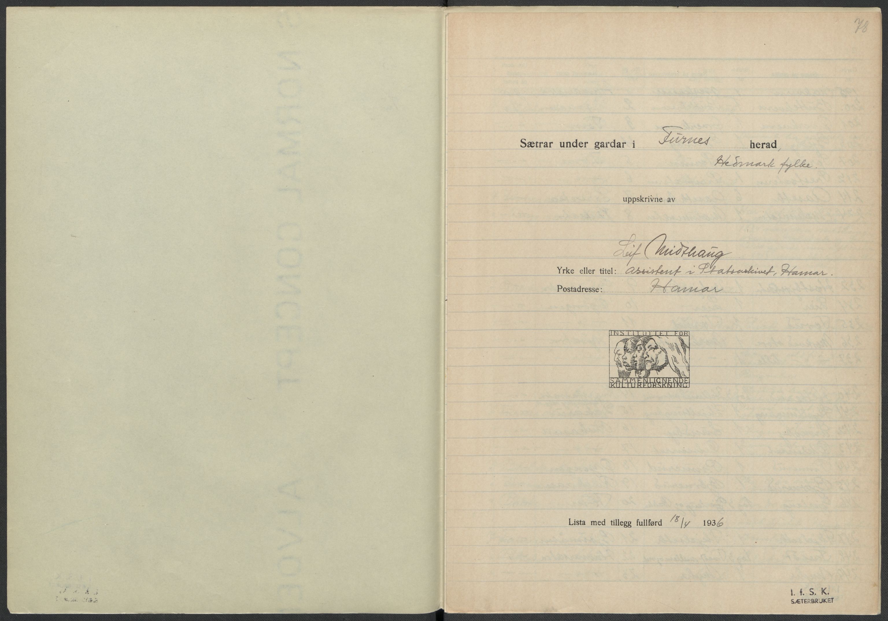 Instituttet for sammenlignende kulturforskning, AV/RA-PA-0424/F/Fc/L0002/0003: Eske B2: / Hedmark (perm III), 1934-1936, s. 78