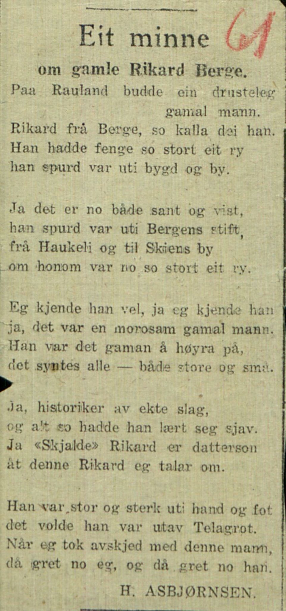 Rikard Berge, TEMU/TGM-A-1003/F/L0016/0021: 529-550 / 549 Brev og lause ark med oppskrifter av Rikard Berge, 1923-1925, s. 61