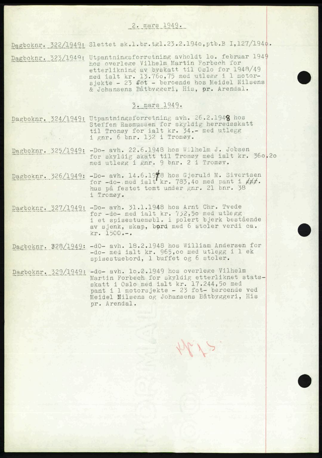 Nedenes sorenskriveri, SAK/1221-0006/G/Gb/Gba/L0060: Pantebok nr. A12, 1948-1949, Dagboknr: 322/1949