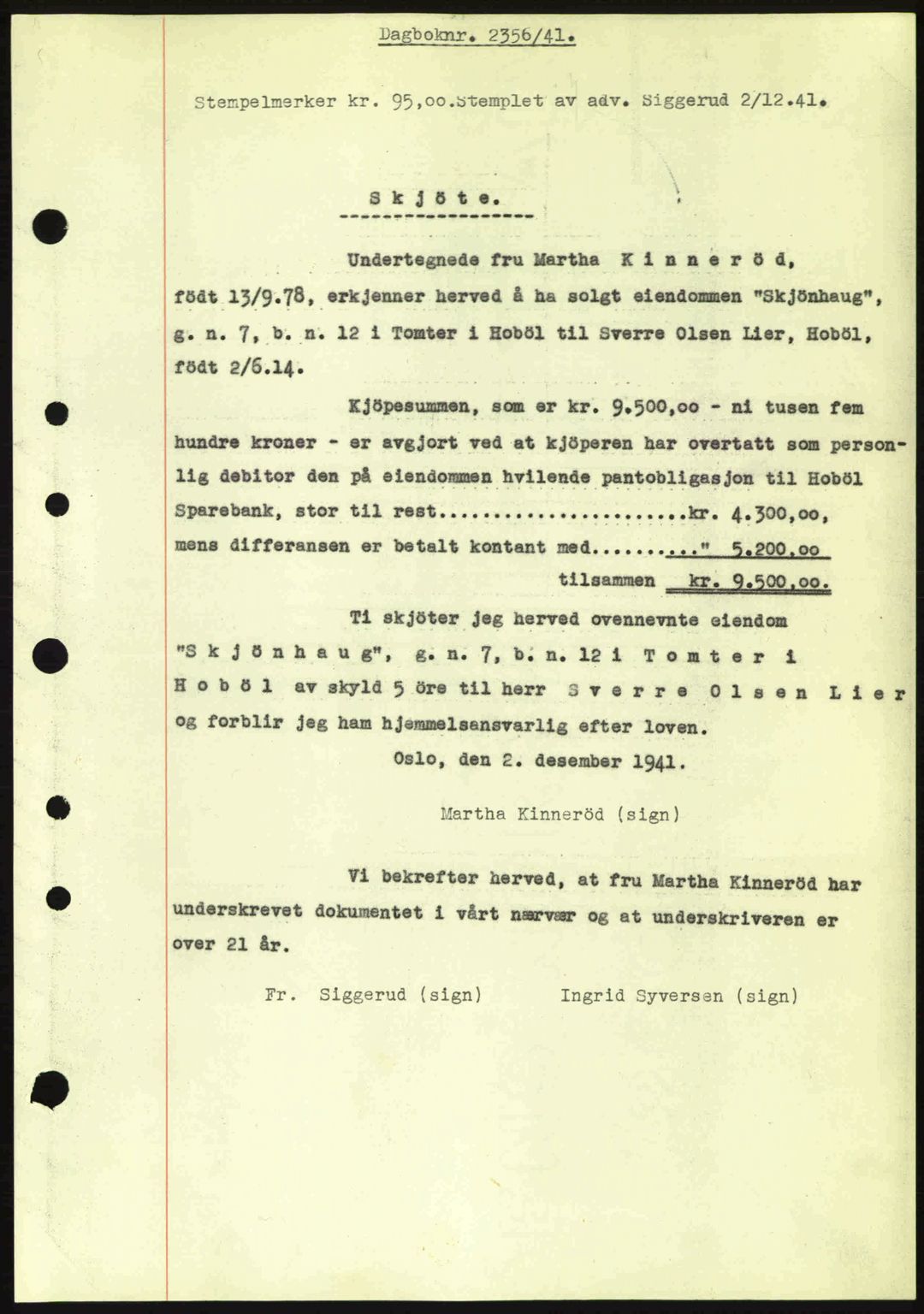 Moss sorenskriveri, SAO/A-10168: Pantebok nr. A9, 1941-1942, Dagboknr: 2356/1941