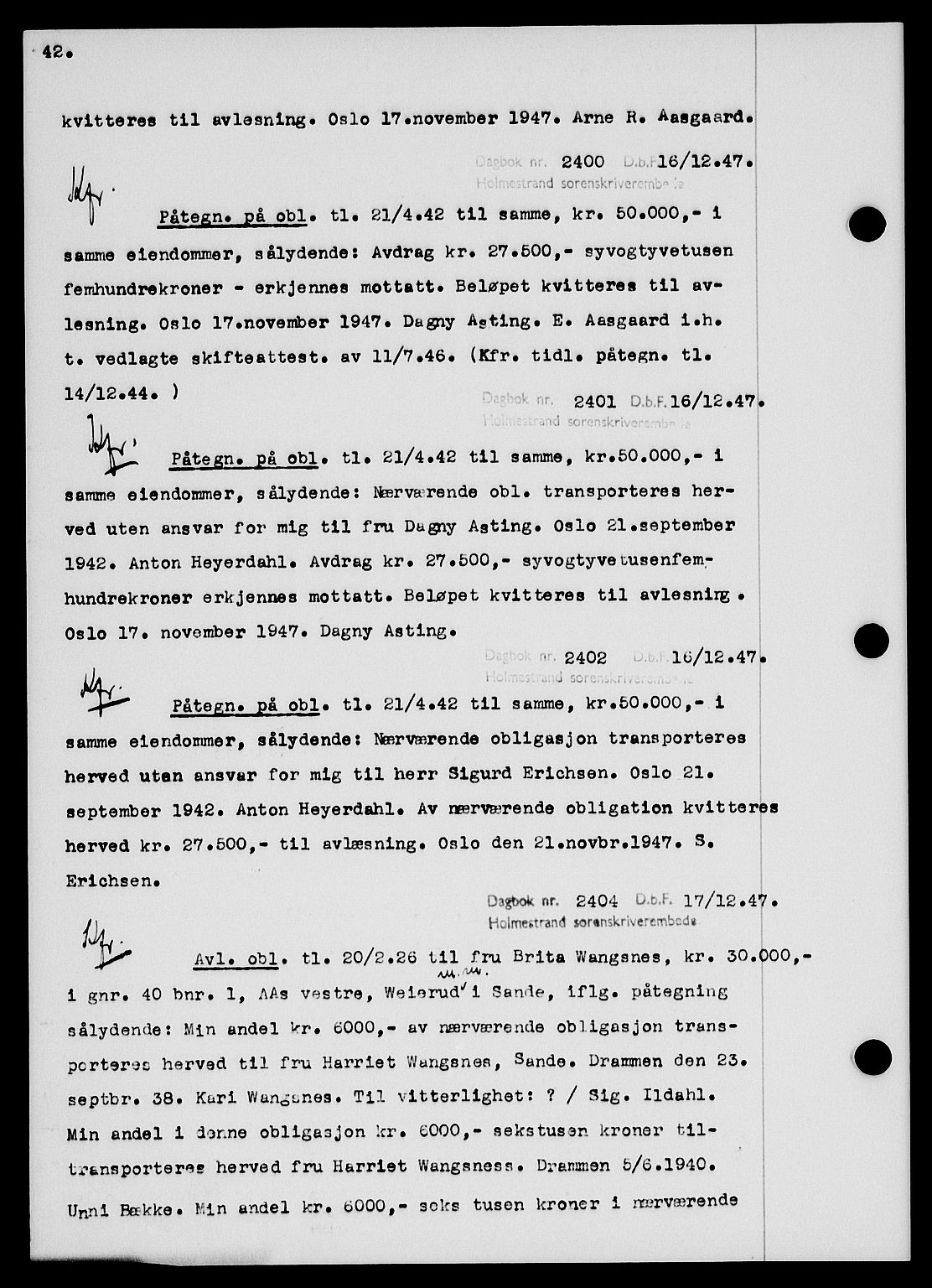 Holmestrand sorenskriveri, SAKO/A-67/G/Ga/Gab/L0058: Pantebok nr. B-58, 1947-1948, s. 42, Dagboknr: 2400/1947