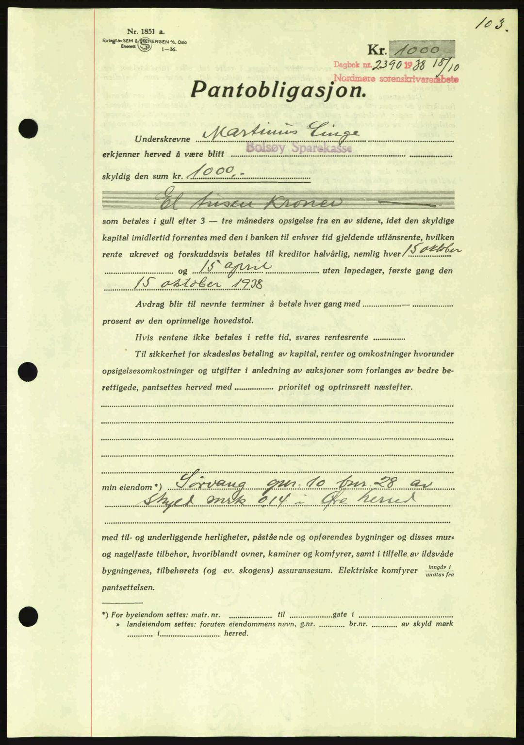 Nordmøre sorenskriveri, AV/SAT-A-4132/1/2/2Ca: Pantebok nr. B84, 1938-1939, Dagboknr: 2390/1938