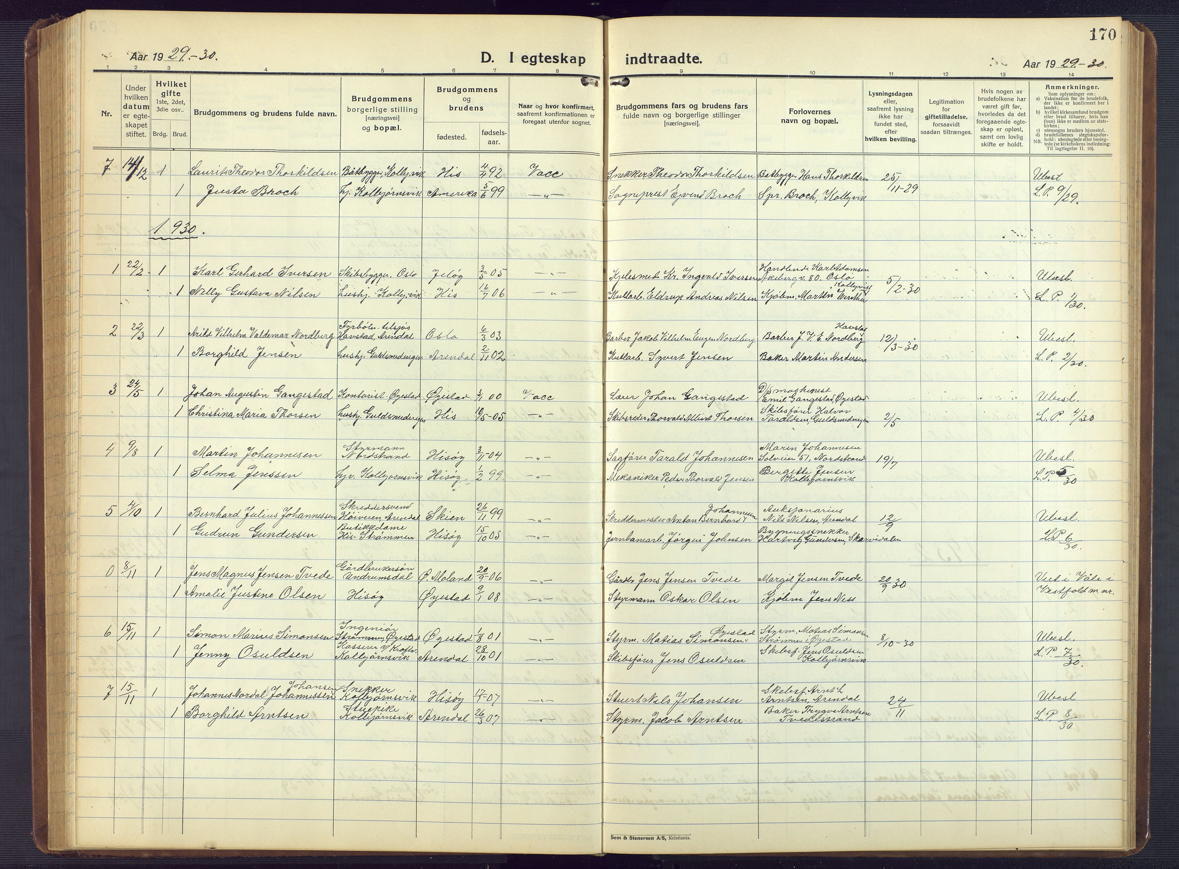 Hisøy sokneprestkontor, SAK/1111-0020/F/Fb/L0005: Klokkerbok nr. B 5, 1924-1946, s. 170