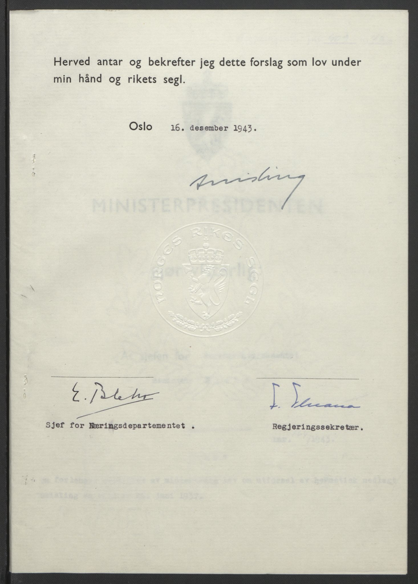 NS-administrasjonen 1940-1945 (Statsrådsekretariatet, de kommisariske statsråder mm), RA/S-4279/D/Db/L0099: Lover, 1943, s. 778