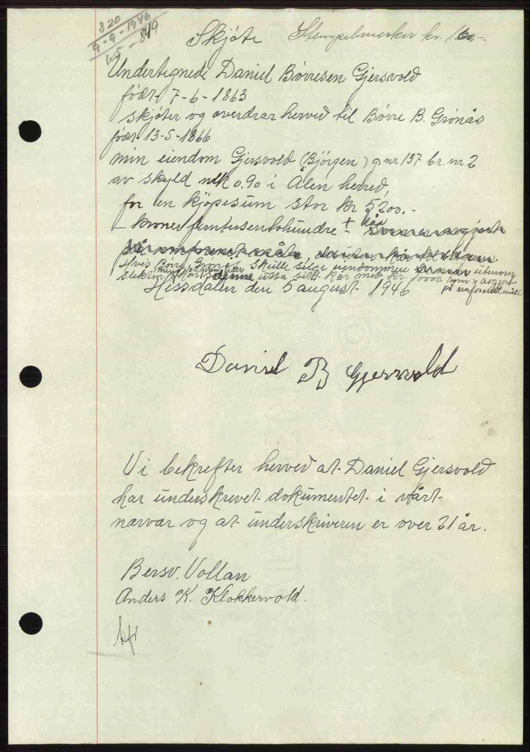 Gauldal sorenskriveri, SAT/A-0014/1/2/2C: Pantebok nr. A2, 1946-1946, Dagboknr: 849/1946