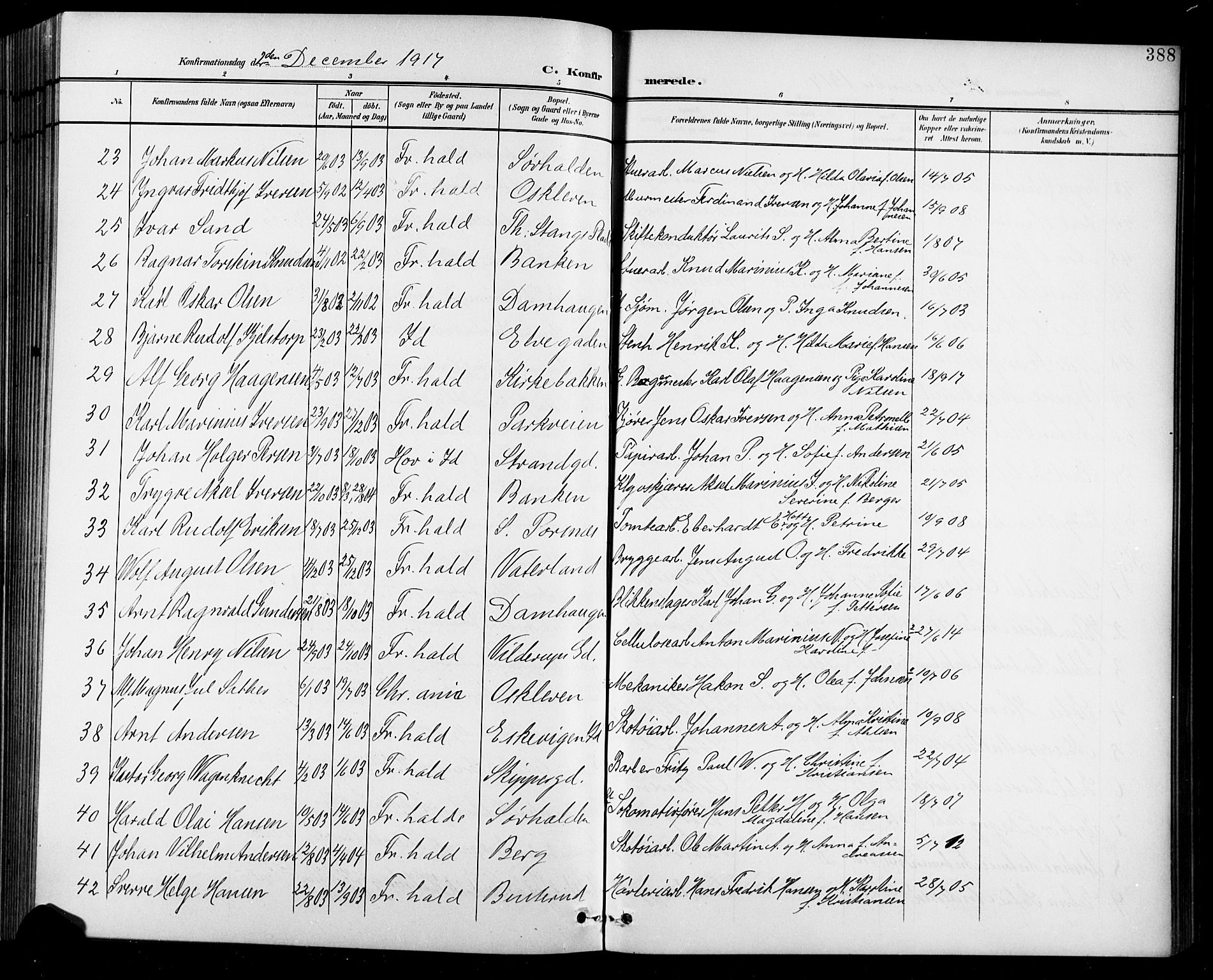 Halden prestekontor Kirkebøker, AV/SAO-A-10909/G/Ga/L0010: Klokkerbok nr. 10, 1900-1923, s. 388