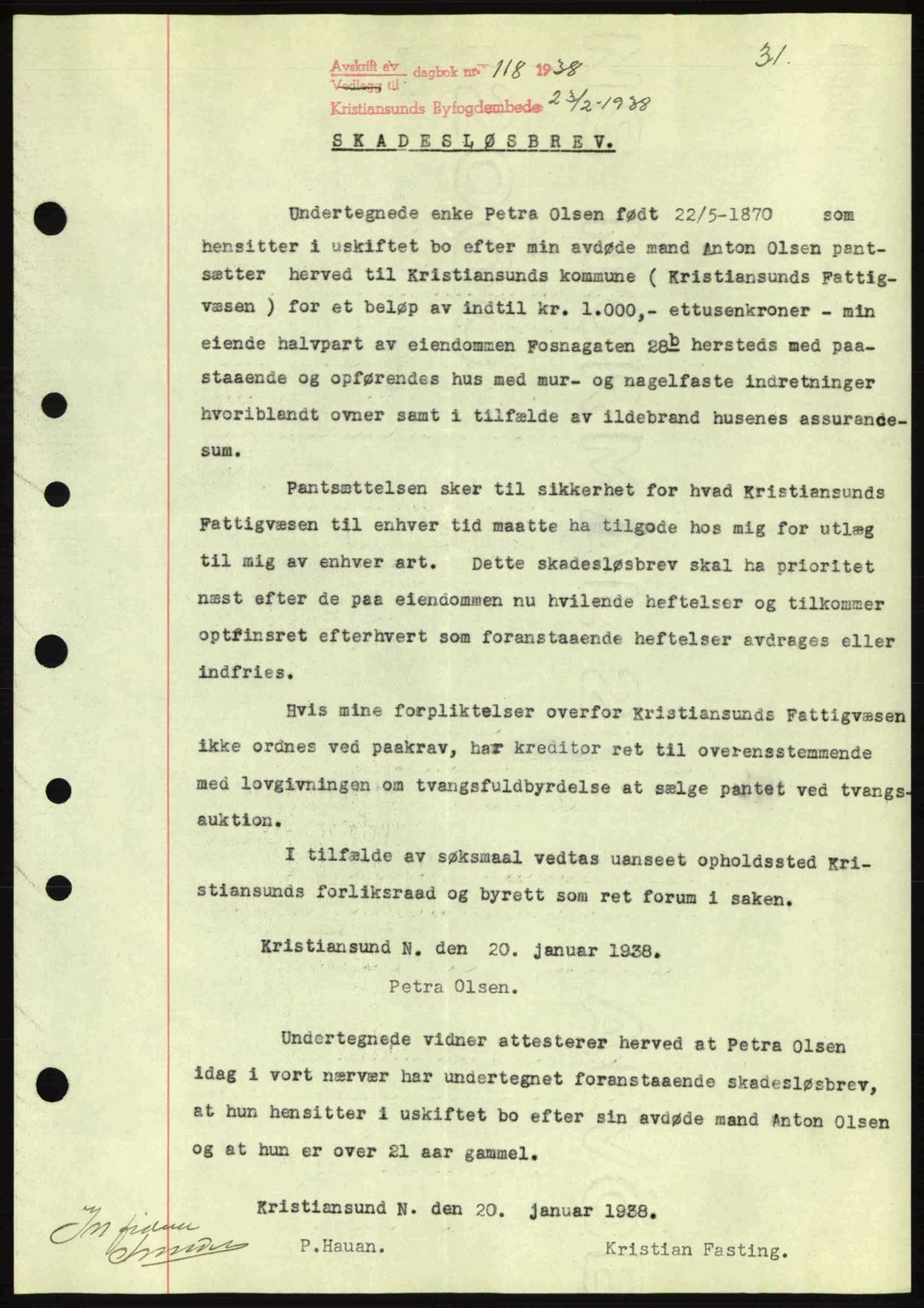 Kristiansund byfogd, AV/SAT-A-4587/A/27: Pantebok nr. 31, 1938-1939, Dagboknr: 118/1938