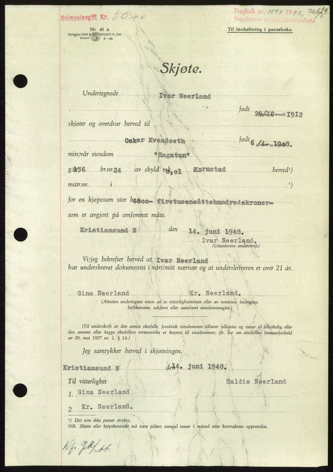 Nordmøre sorenskriveri, SAT/A-4132/1/2/2Ca: Pantebok nr. A108, 1948-1948, Dagboknr: 1894/1948