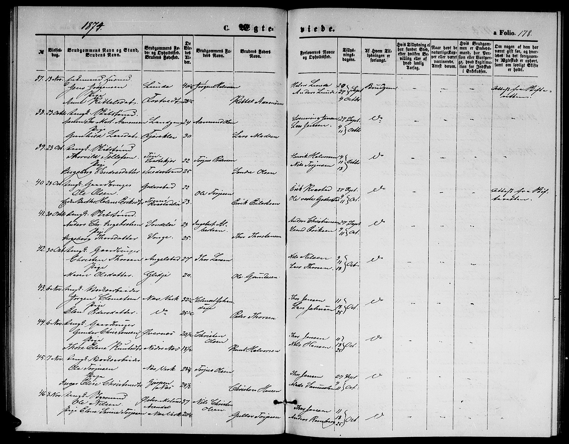 Holt sokneprestkontor, AV/SAK-1111-0021/F/Fb/L0009: Klokkerbok nr. B 9, 1871-1883, s. 178