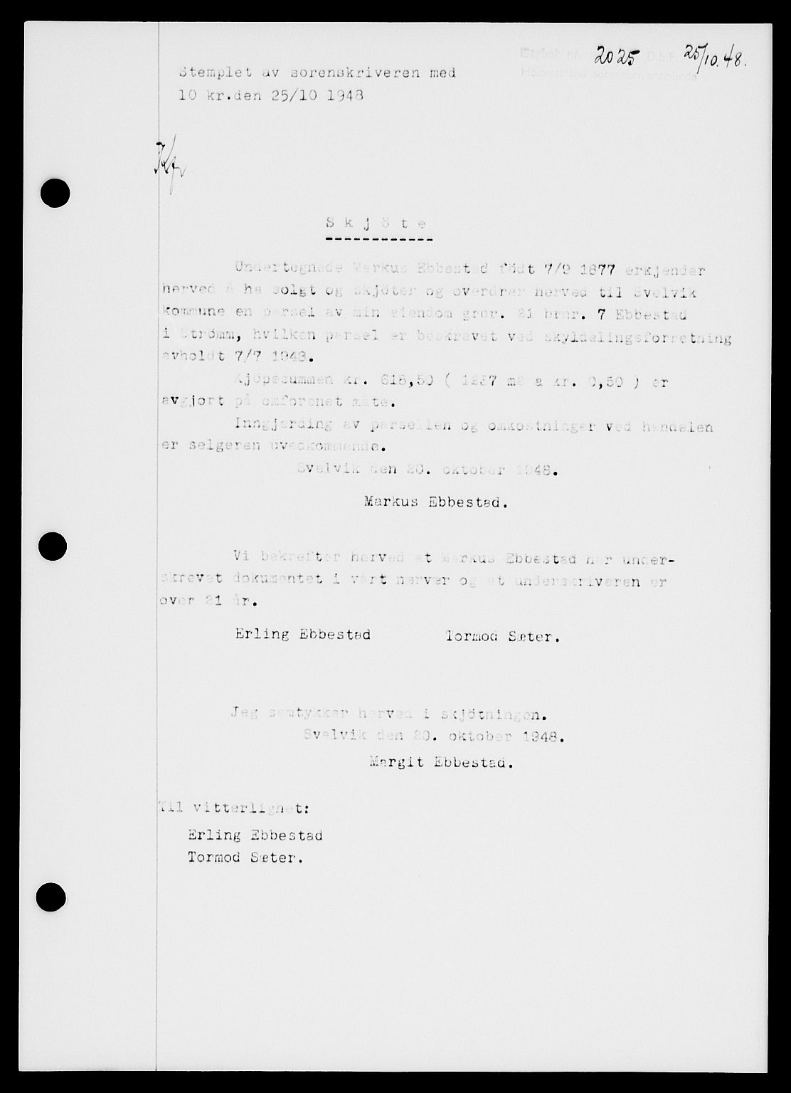 Holmestrand sorenskriveri, SAKO/A-67/G/Ga/Gaa/L0065: Pantebok nr. A-65, 1948-1949, Dagboknr: 2025/1948