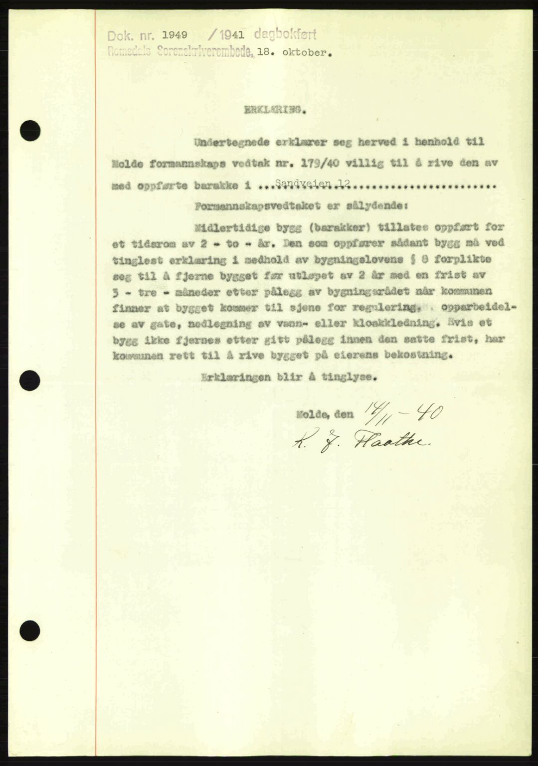 Romsdal sorenskriveri, SAT/A-4149/1/2/2C: Pantebok nr. B2, 1939-1945, Dagboknr: 1949/1941