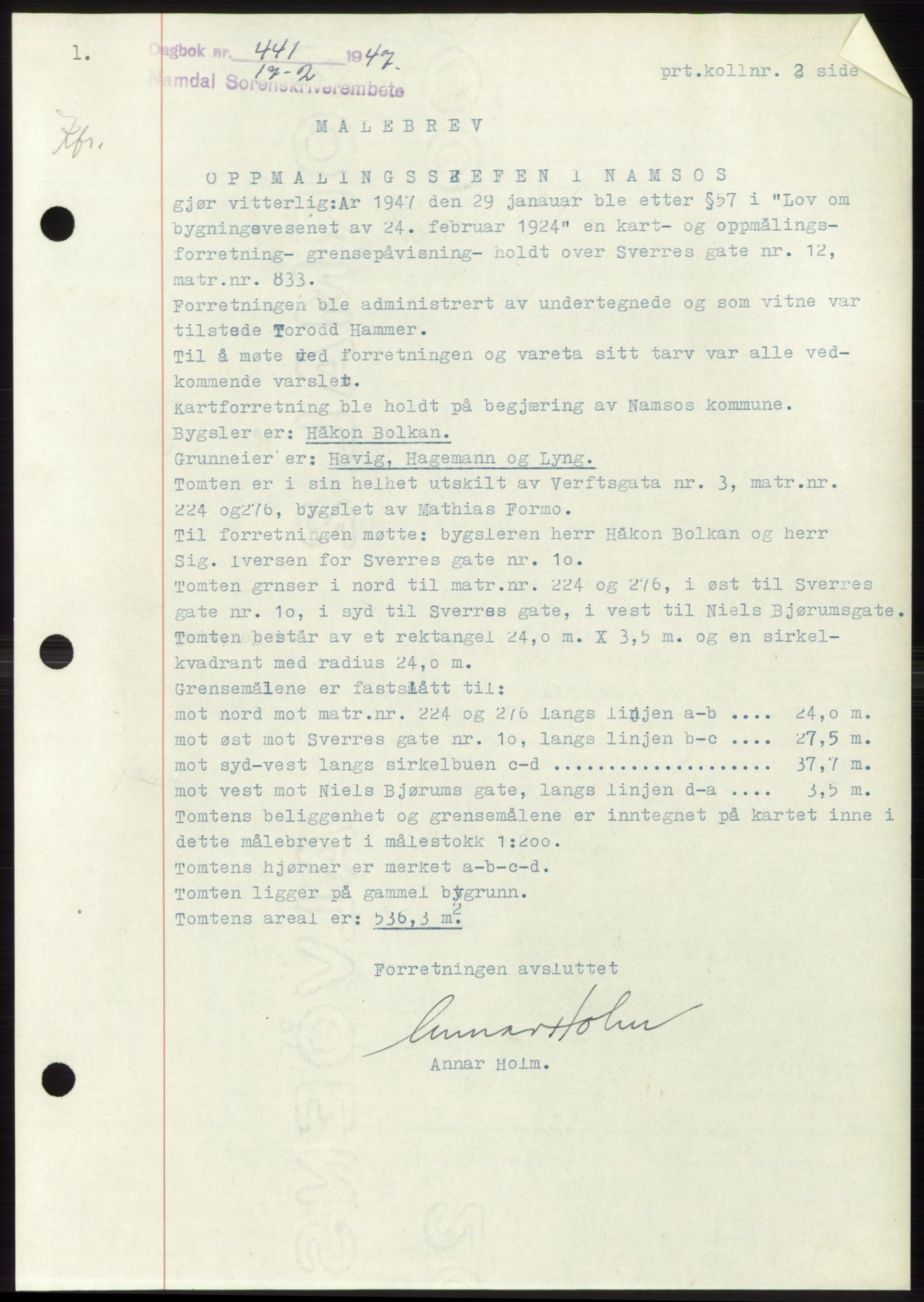 Namdal sorenskriveri, SAT/A-4133/1/2/2C: Pantebok nr. -, 1946-1947, Dagboknr: 441/1947