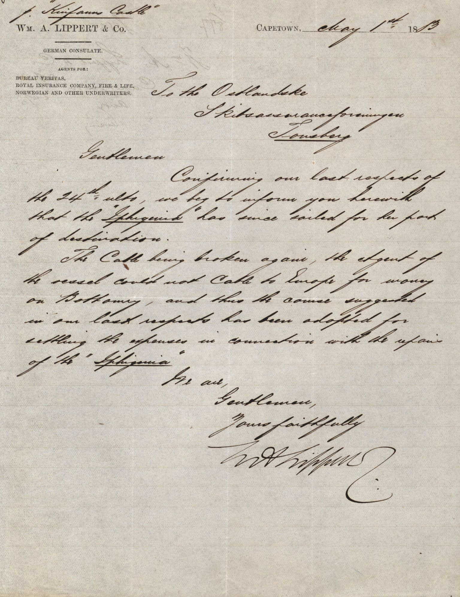 Pa 63 - Østlandske skibsassuranceforening, VEMU/A-1079/G/Ga/L0016/0011: Havaridokumenter / Elise, Dux, Dagmar, Dacapo, Louis, Iphignia, 1883, s. 81