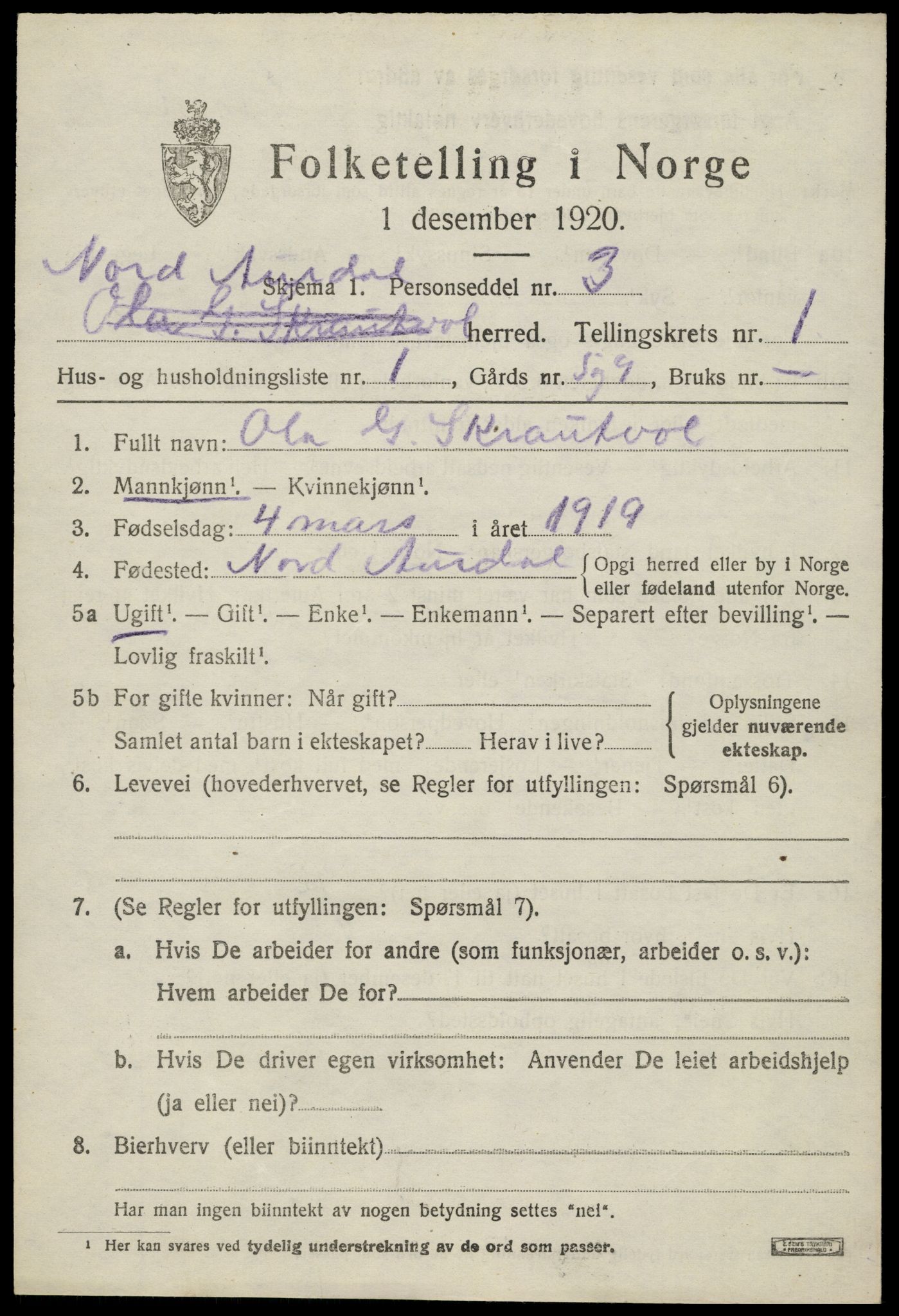 SAH, Folketelling 1920 for 0542 Nord-Aurdal herred, 1920, s. 1900