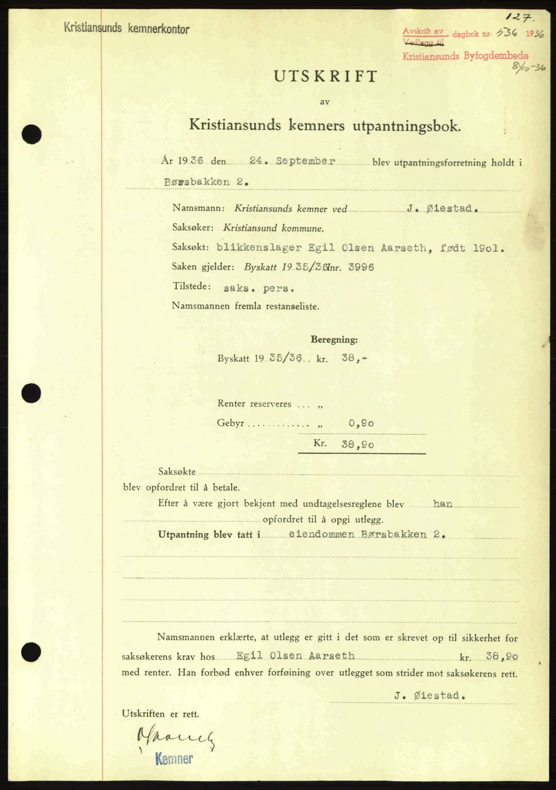 Kristiansund byfogd, SAT/A-4587/A/27: Pantebok nr. 29, 1936-1937, Dagboknr: 536/1936