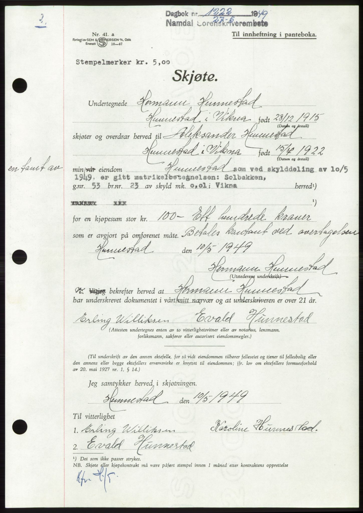 Namdal sorenskriveri, SAT/A-4133/1/2/2C: Pantebok nr. -, 1949-1949, Dagboknr: 1222/1949