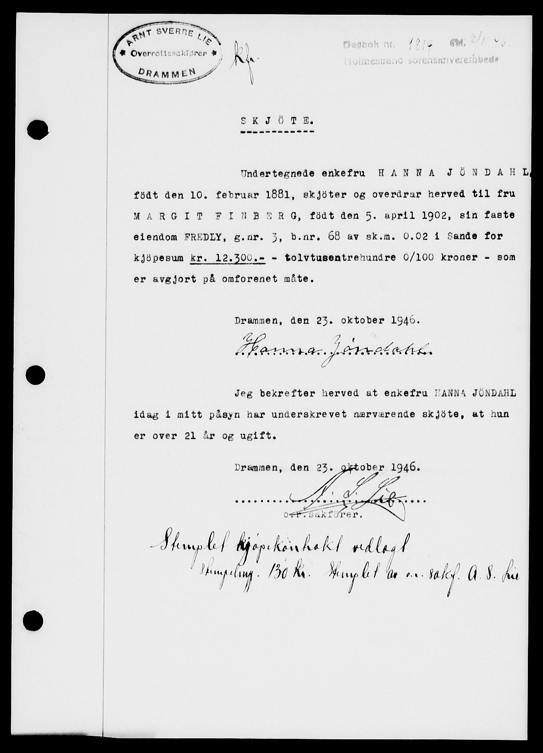 Holmestrand sorenskriveri, SAKO/A-67/G/Ga/Gaa/L0061: Pantebok nr. A-61, 1946-1947, Dagboknr: 1814/1946