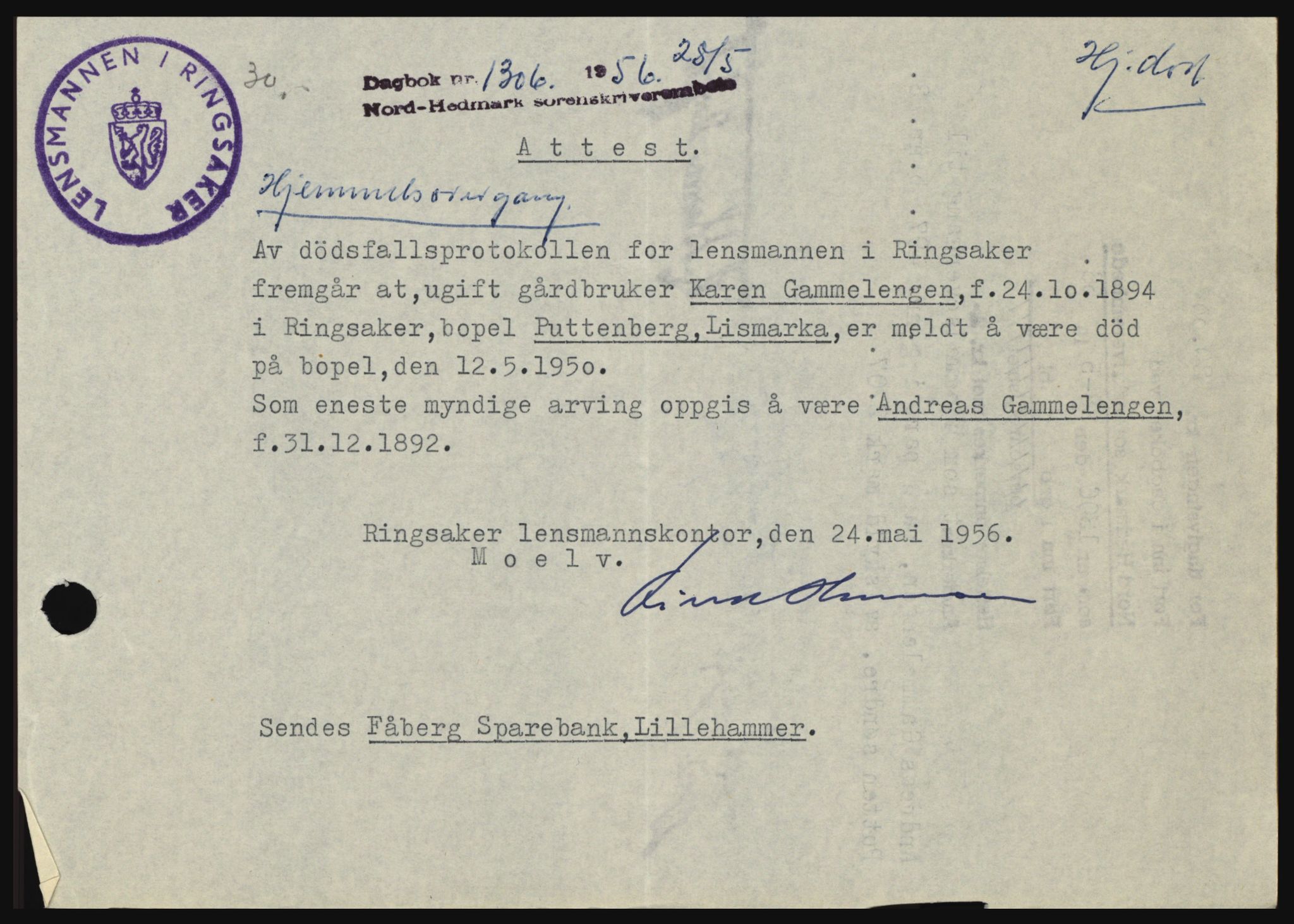 Nord-Hedmark sorenskriveri, SAH/TING-012/H/Hc/L0010: Pantebok nr. 10, 1955-1956, Dagboknr: 1306/1956