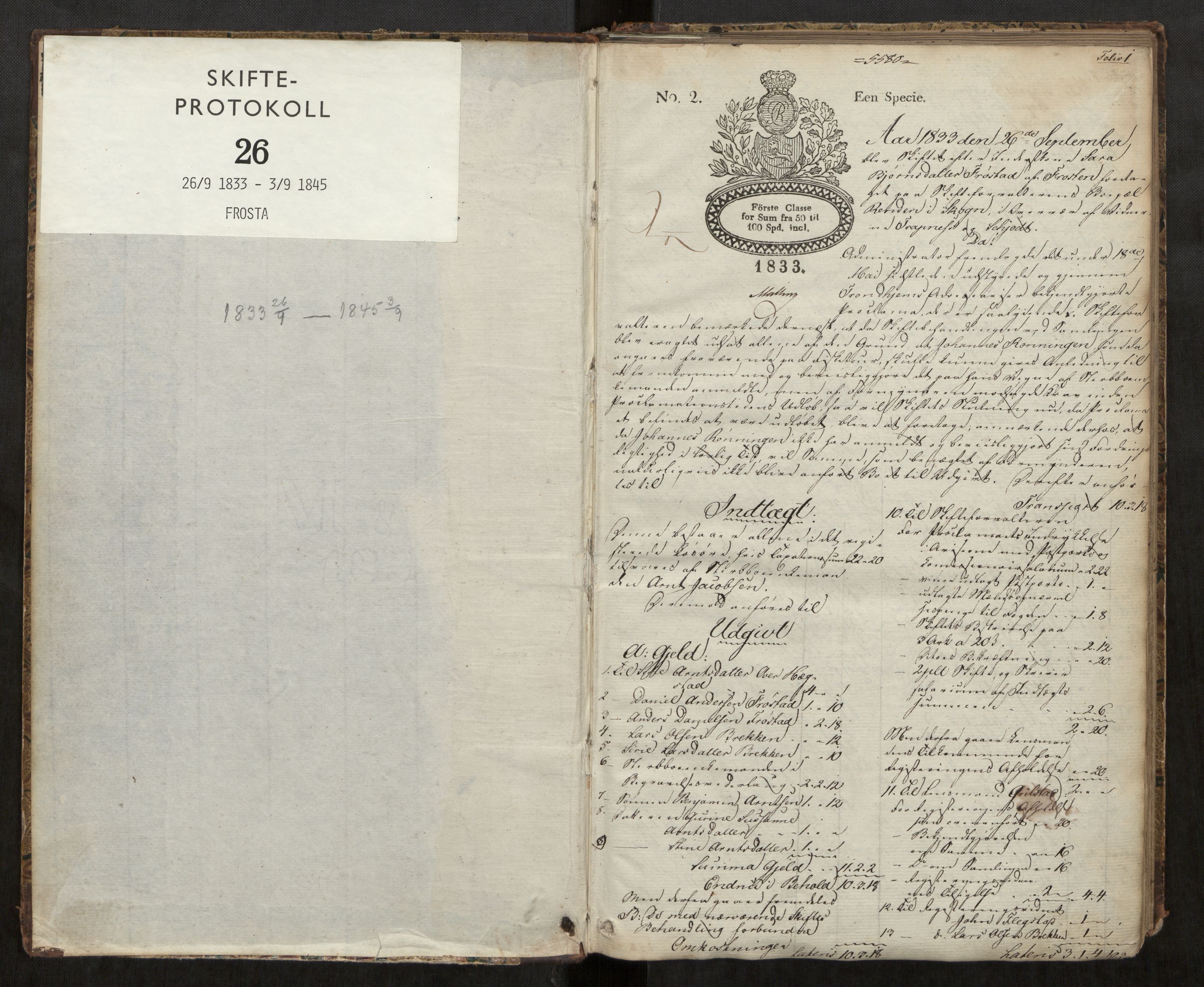 Stjør- og Verdal sorenskriveri, AV/SAT-A-4167/1/3/3A/L0031: Skifteprotokoll 26, 1833-1845, s. 1