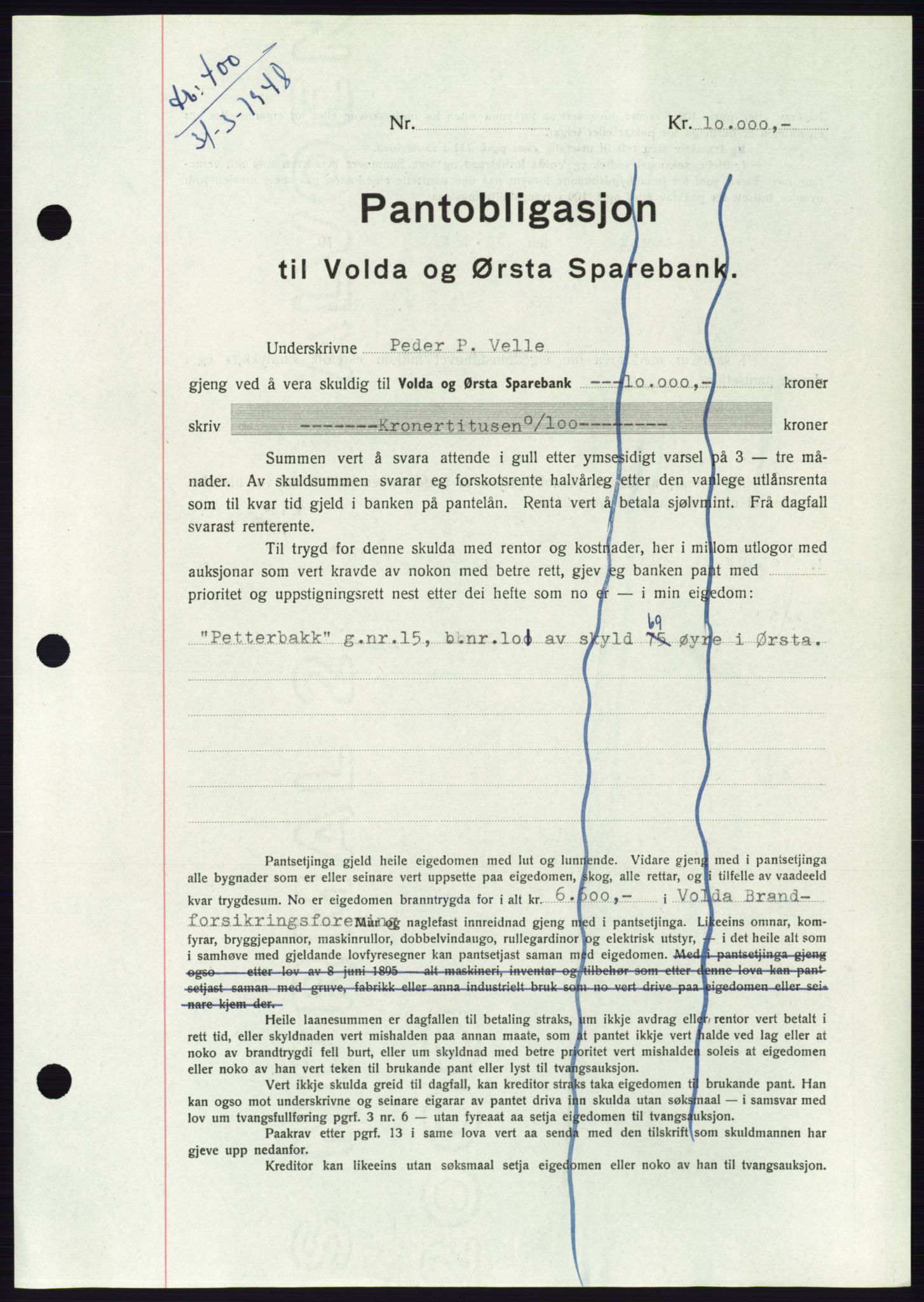 Søre Sunnmøre sorenskriveri, AV/SAT-A-4122/1/2/2C/L0115: Pantebok nr. 3B, 1947-1948, Dagboknr: 400/1948