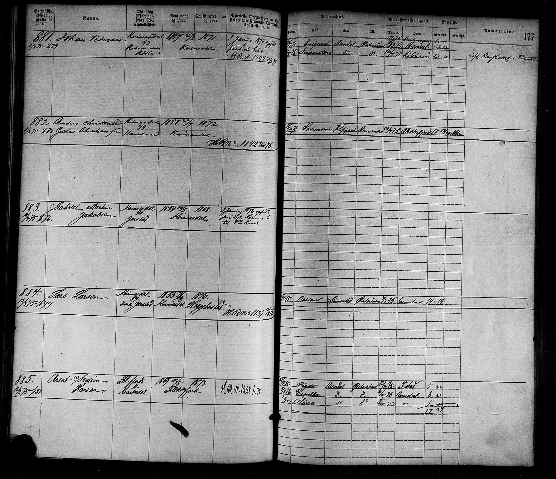 Flekkefjord mønstringskrets, SAK/2031-0018/F/Fa/L0002: Annotasjonsrulle nr 1-1920 med register, N-2, 1870-1891, s. 202