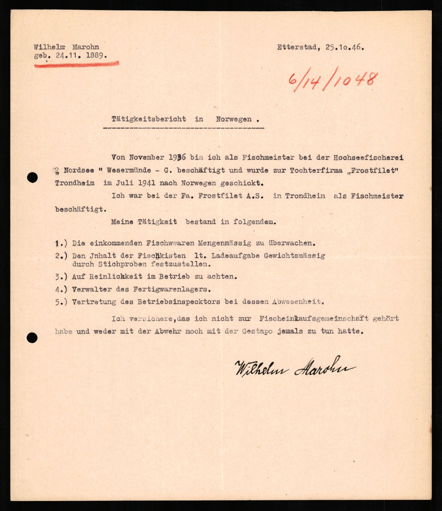 Forsvaret, Forsvarets overkommando II, RA/RAFA-3915/D/Db/L0021: CI Questionaires. Tyske okkupasjonsstyrker i Norge. Tyskere., 1945-1946, s. 165