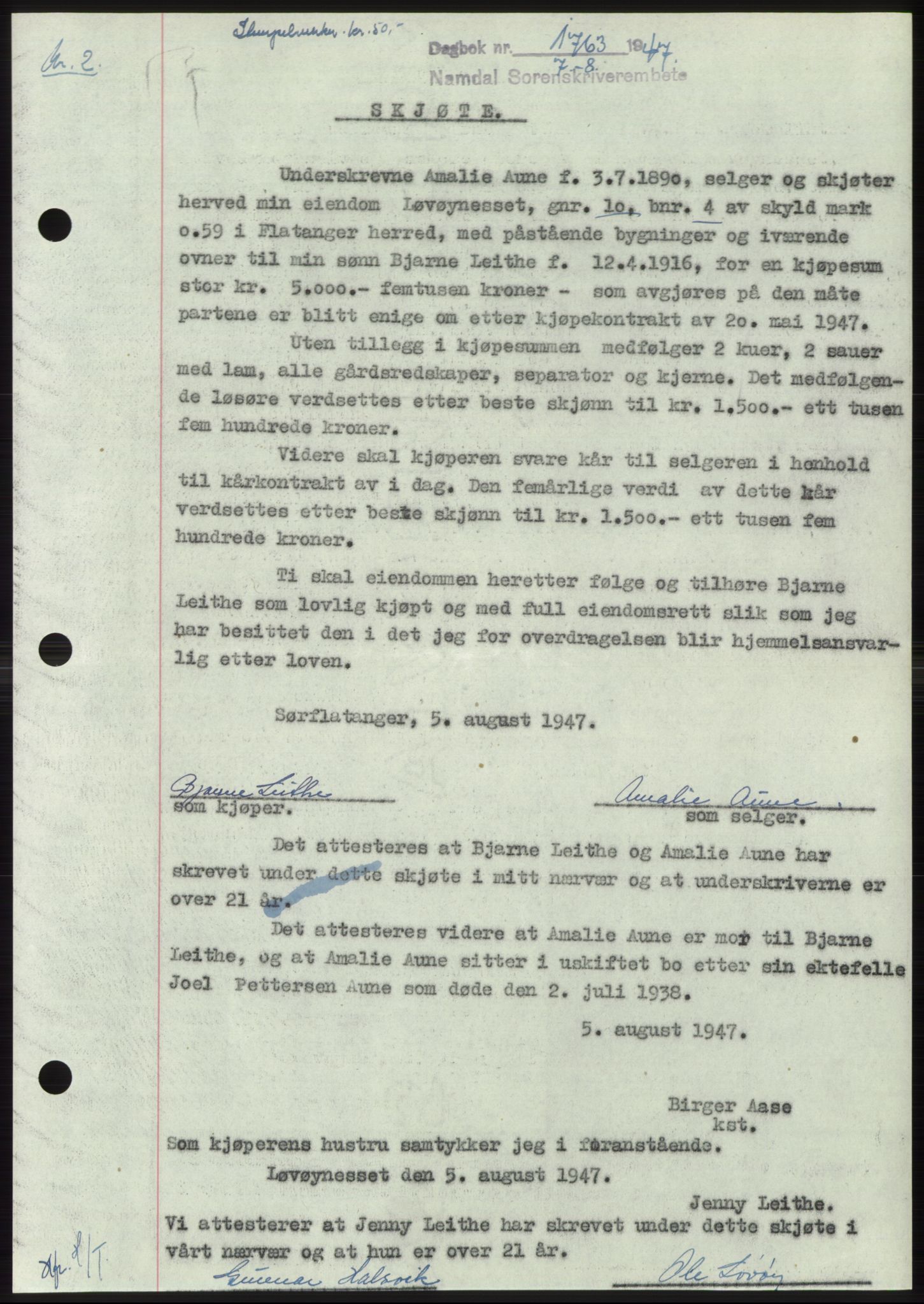 Namdal sorenskriveri, SAT/A-4133/1/2/2C: Pantebok nr. -, 1947-1947, Dagboknr: 1763/1947