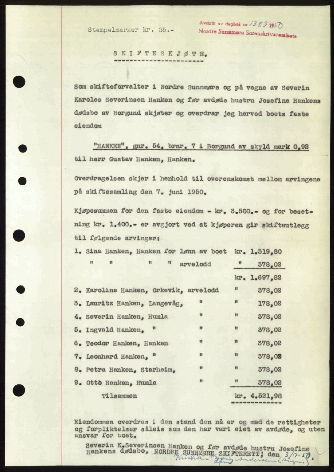 Nordre Sunnmøre sorenskriveri, SAT/A-0006/1/2/2C/2Ca: Pantebok nr. A35, 1950-1950, Dagboknr: 1383/1950