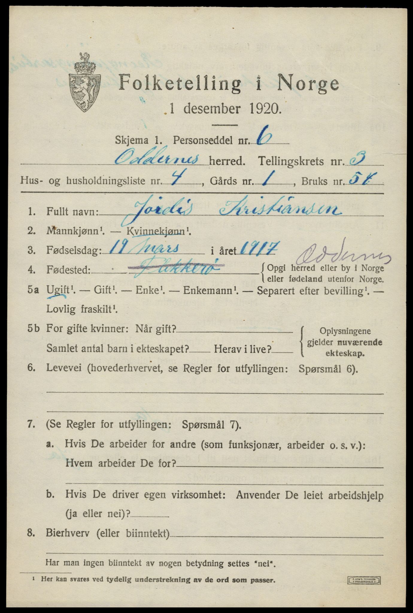 SAK, Folketelling 1920 for 1012 Oddernes herred, 1920, s. 3393