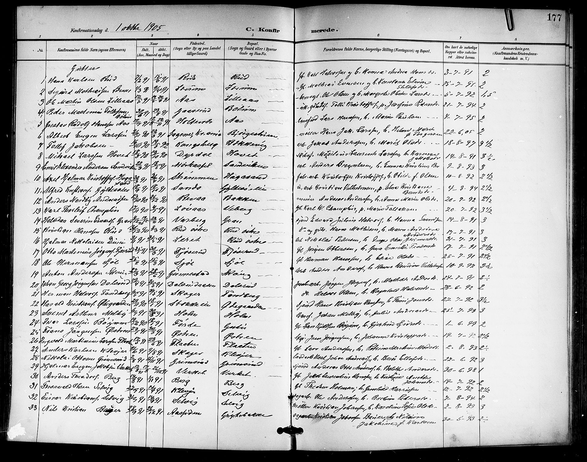 Sande Kirkebøker, AV/SAKO-A-53/G/Ga/L0004: Klokkerbok nr. 4, 1895-1918, s. 177