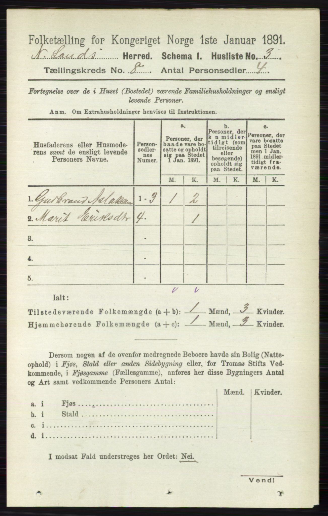 RA, Folketelling 1891 for 0538 Nordre Land herred, 1891, s. 2156