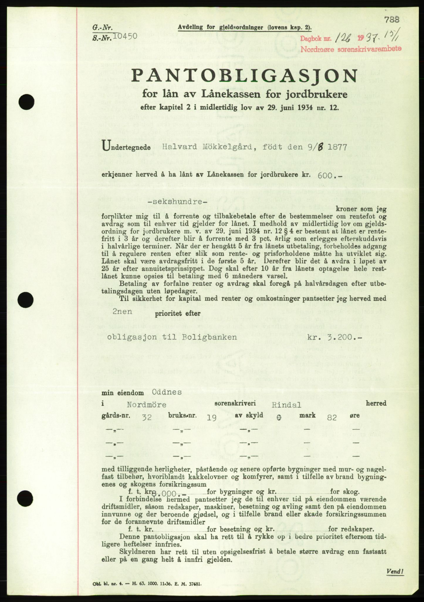 Nordmøre sorenskriveri, AV/SAT-A-4132/1/2/2Ca/L0090: Pantebok nr. B80, 1936-1937, Dagboknr: 126/1937