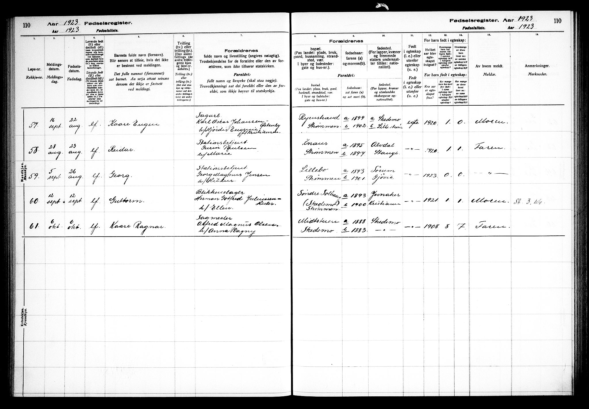 Skedsmo prestekontor Kirkebøker, AV/SAO-A-10033a/J/Ja/L0001: Fødselsregister nr. I 1, 1916-1931, s. 110