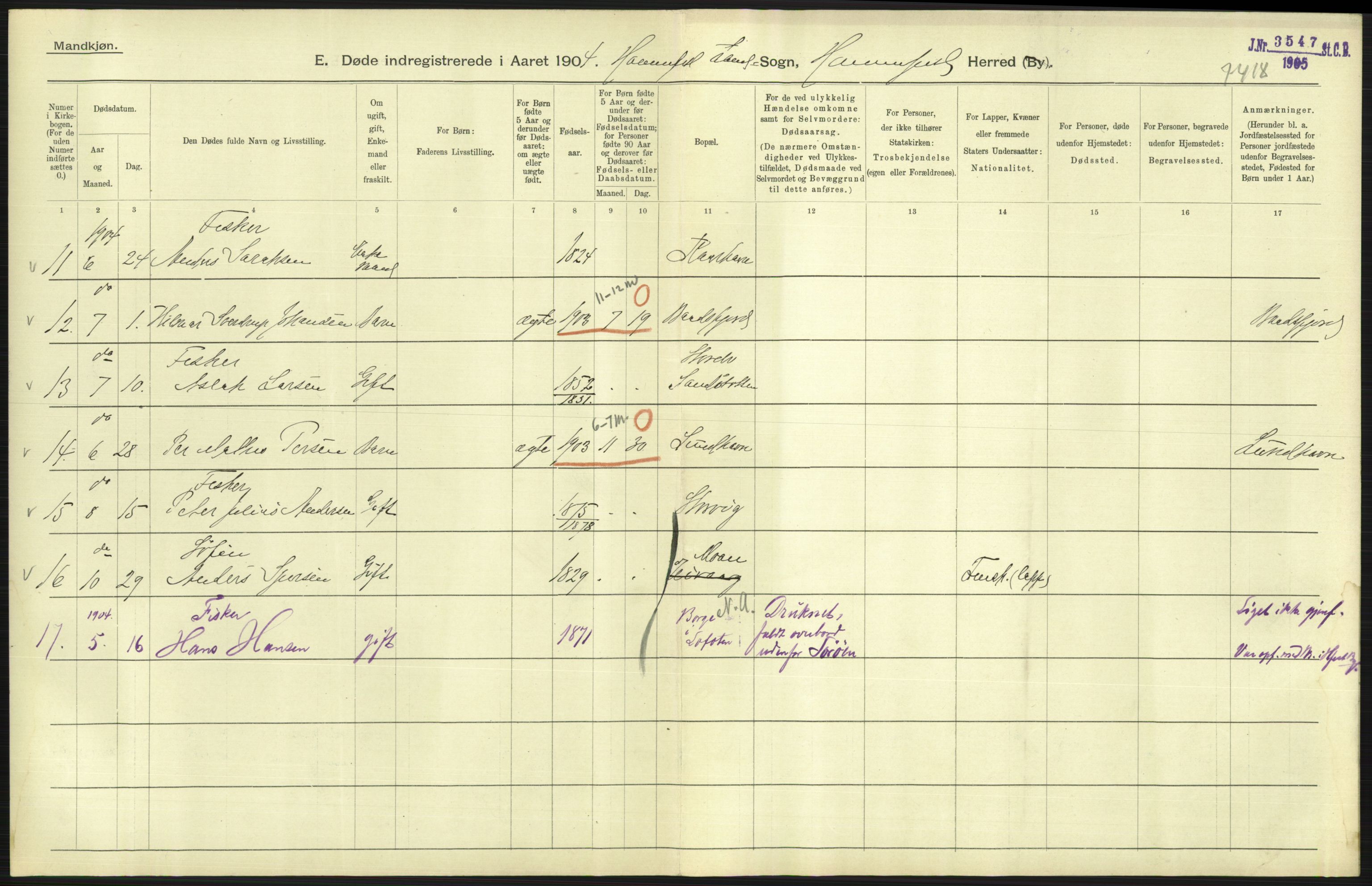 Statistisk sentralbyrå, Sosiodemografiske emner, Befolkning, AV/RA-S-2228/D/Df/Dfa/Dfab/L0023: Finnmarkens amt: Fødte, gifte, døde, 1904, s. 241