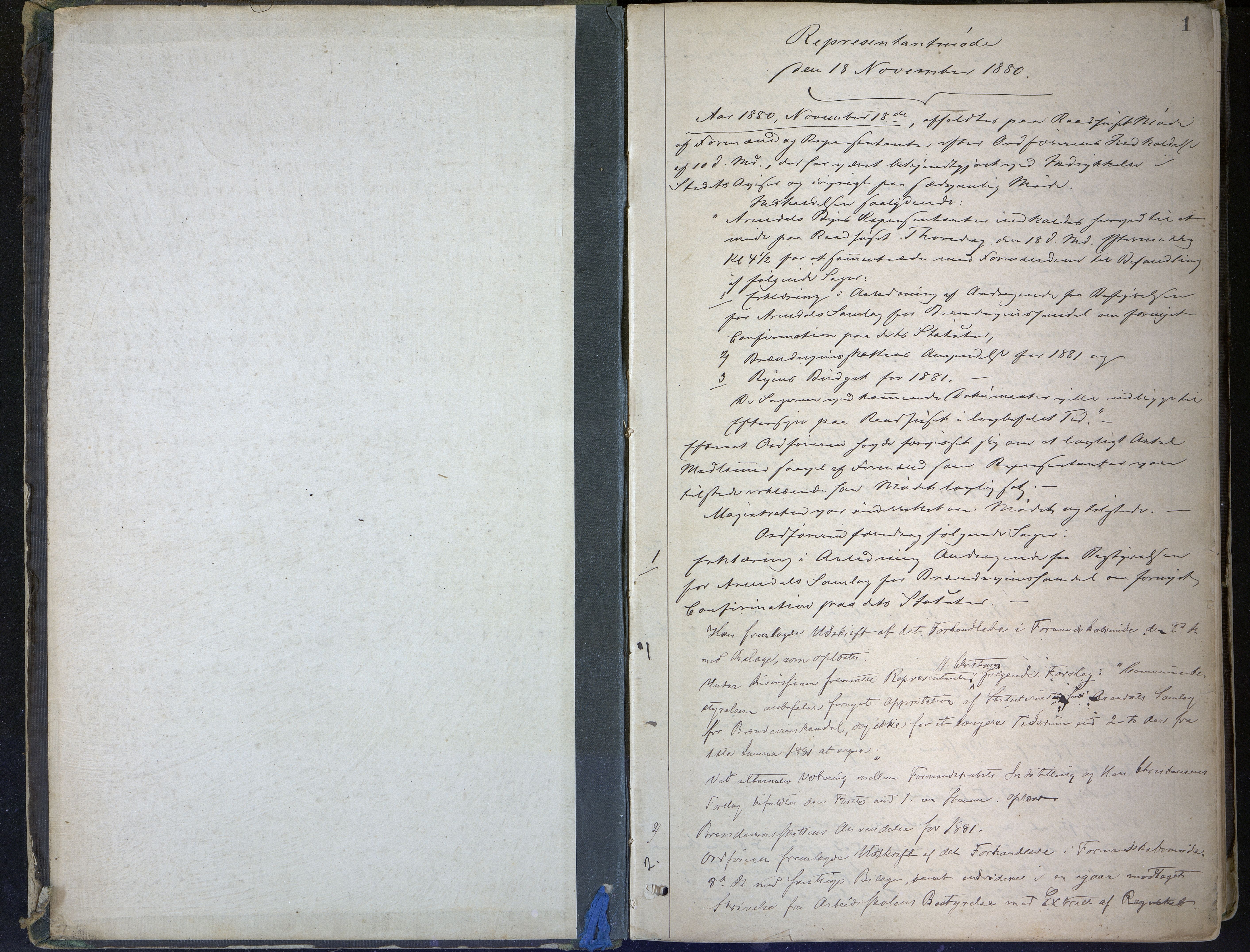 Arendal kommune, Katalog I, AAKS/KA0906-PK-I/01/L0004: Forhandlingsprotokoll nr. 4, 1880-1886, s. 1