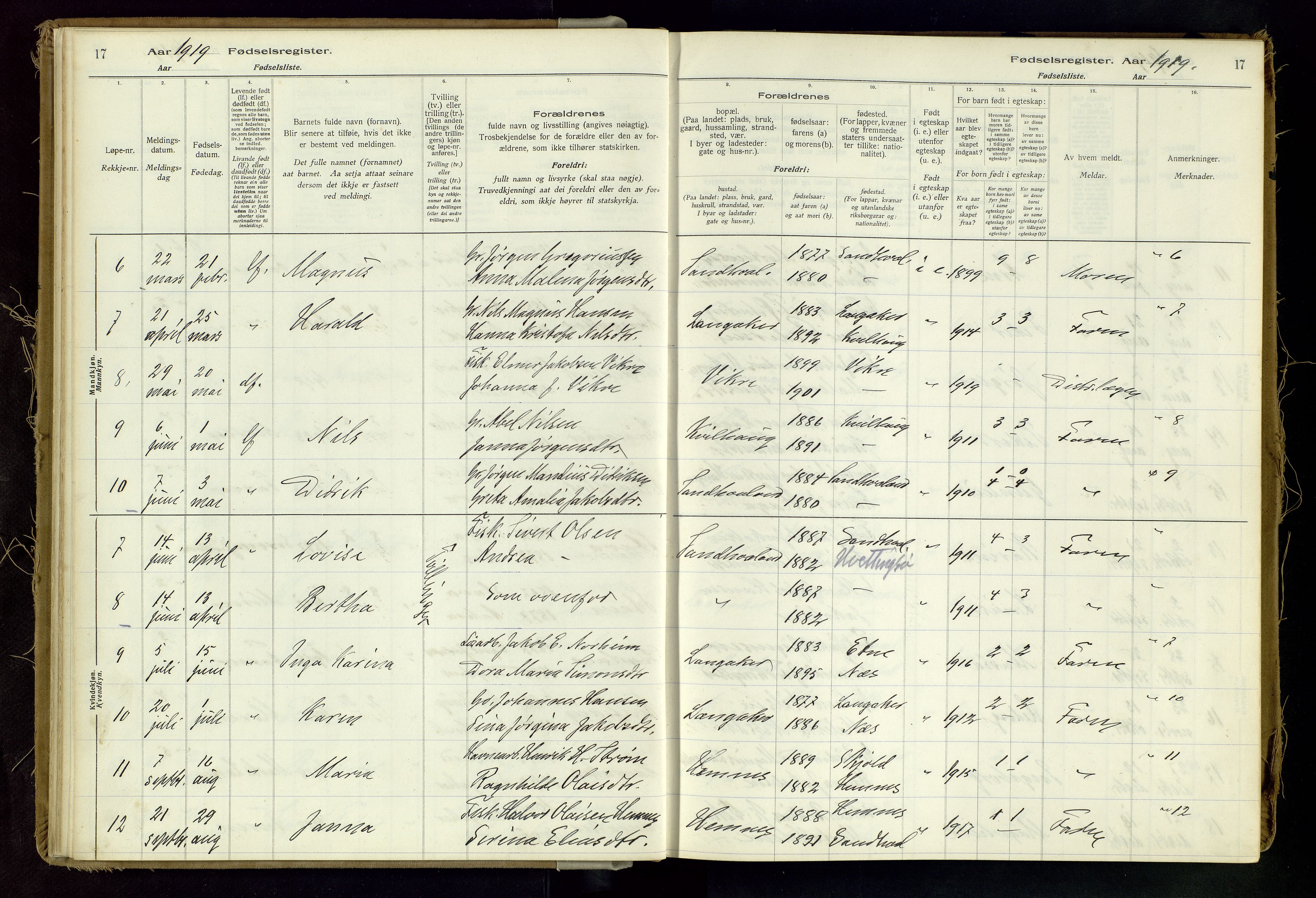 Skudenes sokneprestkontor, SAST/A -101849/I/Id/L0002: Fødselsregister nr. 2, 1916-1962, s. 17