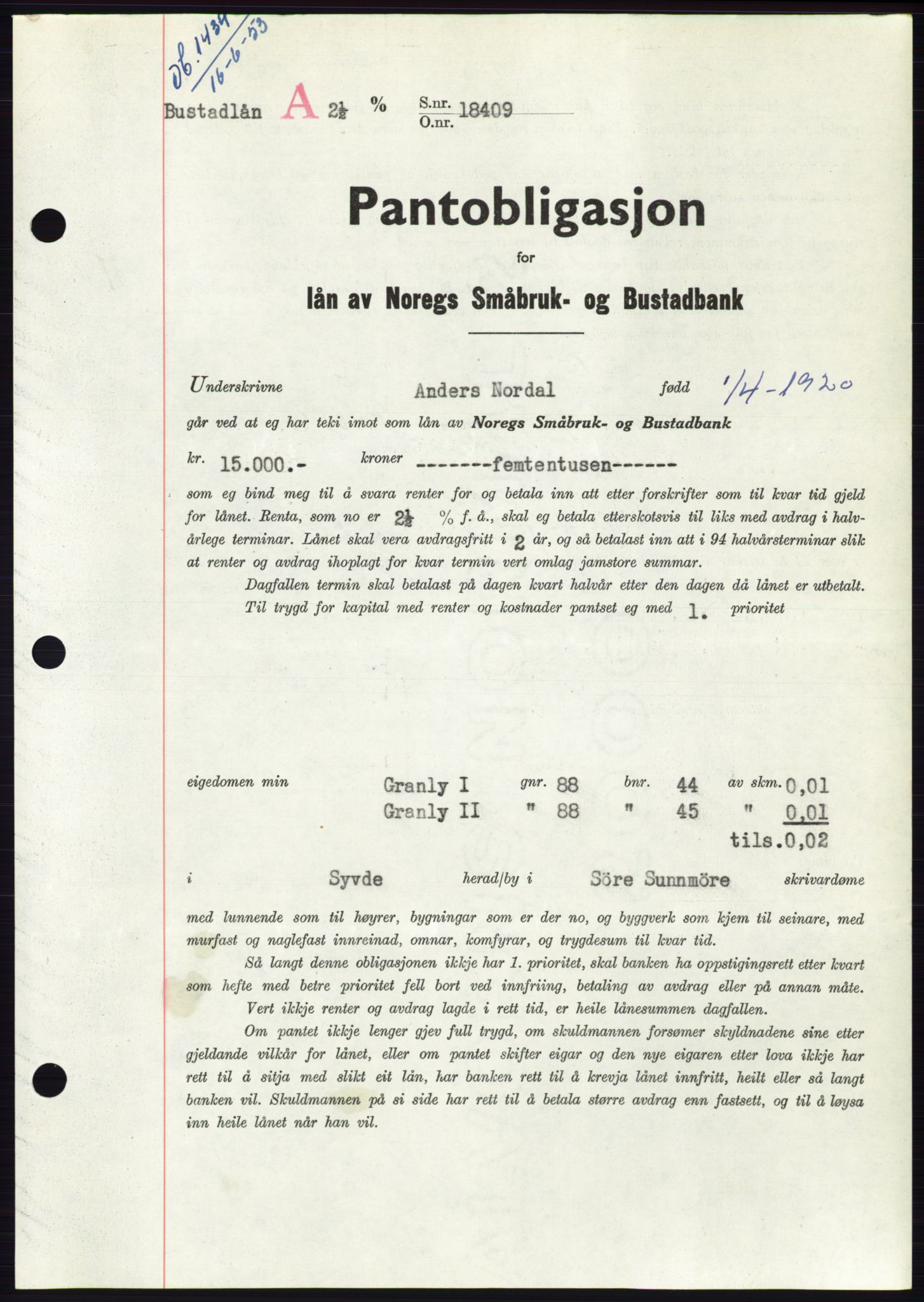 Søre Sunnmøre sorenskriveri, SAT/A-4122/1/2/2C/L0123: Pantebok nr. 11B, 1953-1953, Dagboknr: 1434/1953