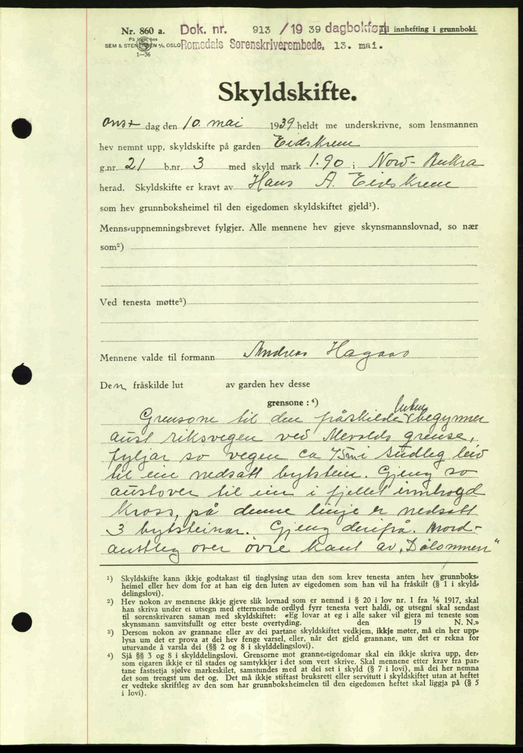 Romsdal sorenskriveri, AV/SAT-A-4149/1/2/2C: Pantebok nr. A6, 1938-1939, Dagboknr: 913/1939