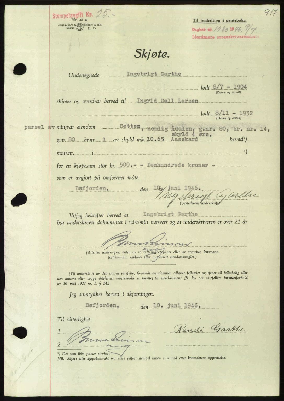 Nordmøre sorenskriveri, AV/SAT-A-4132/1/2/2Ca: Pantebok nr. A101, 1946-1946, Dagboknr: 1280/1946