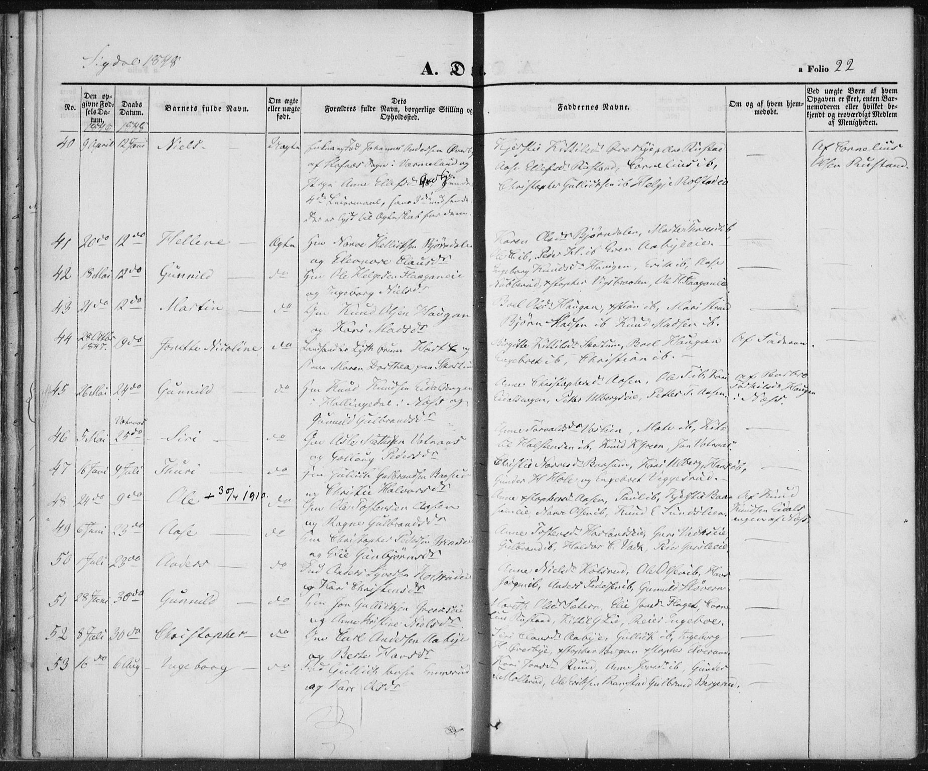 Sigdal kirkebøker, AV/SAKO-A-245/F/Fa/L0007: Ministerialbok nr. I 7, 1844-1849, s. 22