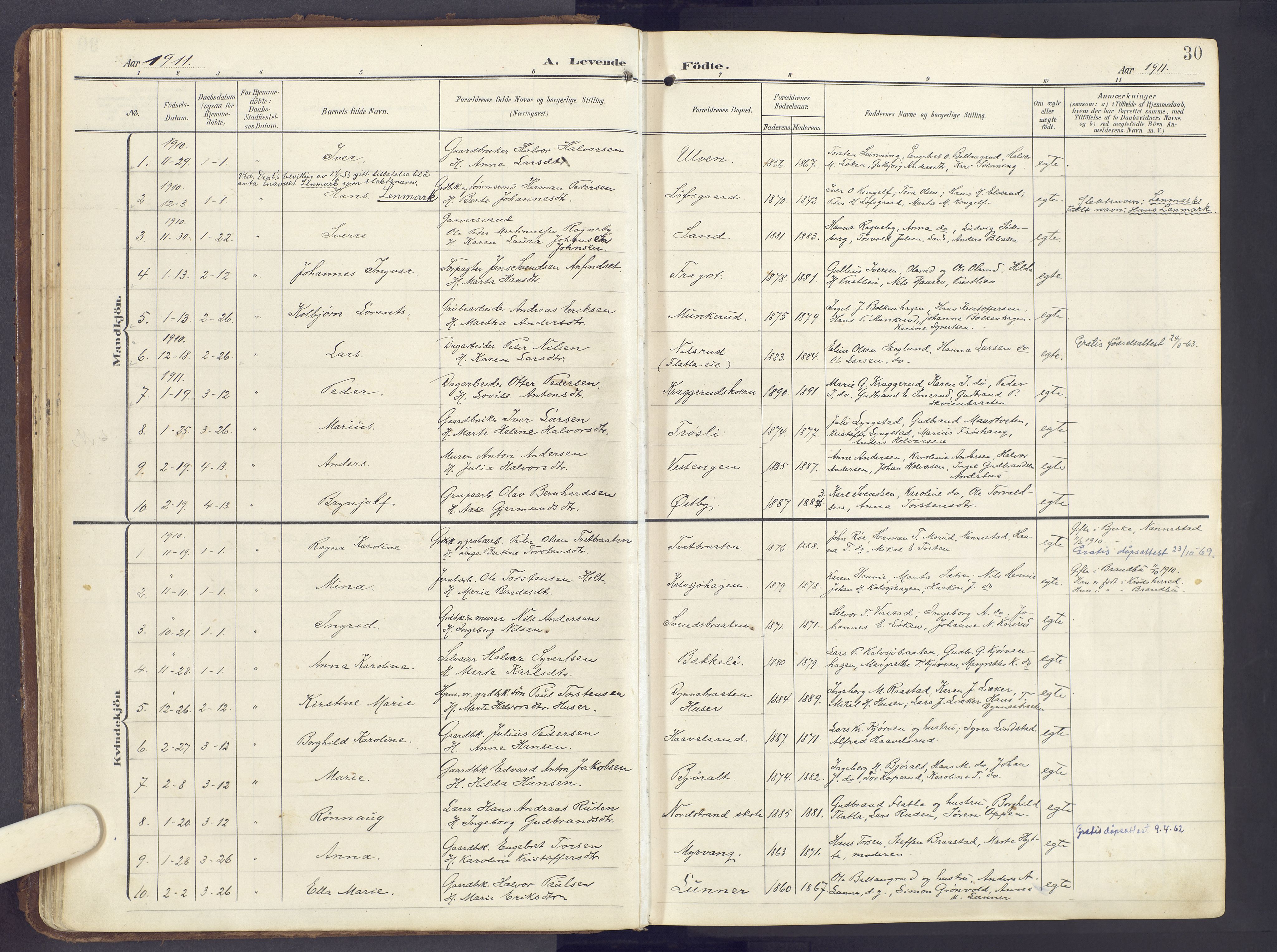 Lunner prestekontor, SAH/PREST-118/H/Ha/Haa/L0001: Ministerialbok nr. 1, 1907-1922, s. 30