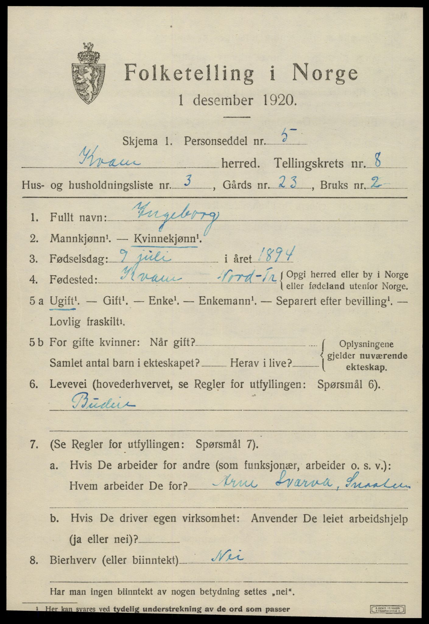 SAT, Folketelling 1920 for 1735 Kvam herred, 1920, s. 2019