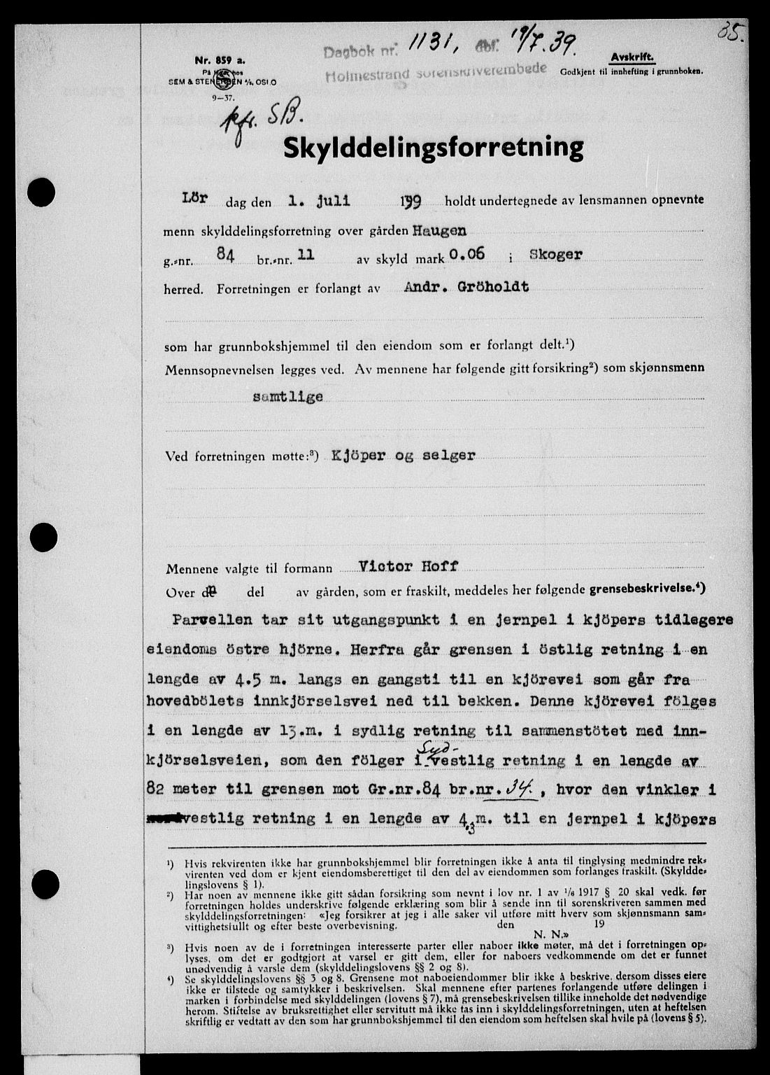 Holmestrand sorenskriveri, SAKO/A-67/G/Ga/Gaa/L0051: Pantebok nr. A-51, 1939-1940, Dagboknr: 1131/1939