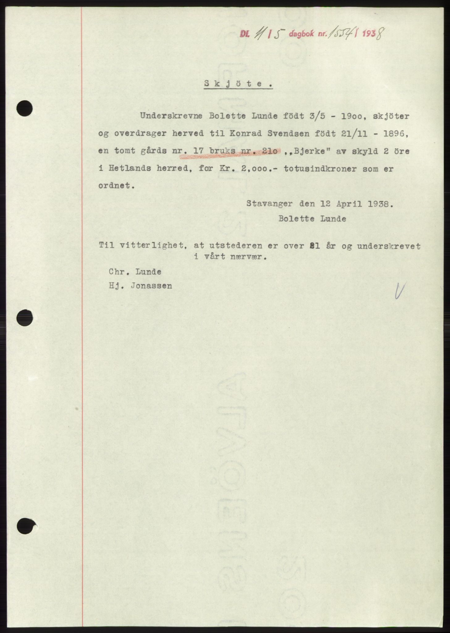 Jæren sorenskriveri, SAST/A-100310/03/G/Gba/L0071: Pantebok, 1938-1938, Dagboknr: 1554/1938