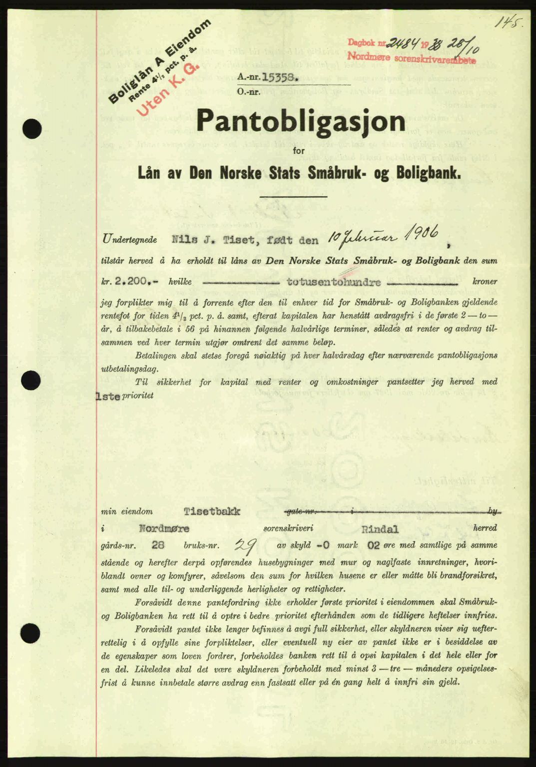 Nordmøre sorenskriveri, SAT/A-4132/1/2/2Ca: Pantebok nr. B84, 1938-1939, Dagboknr: 2484/1938