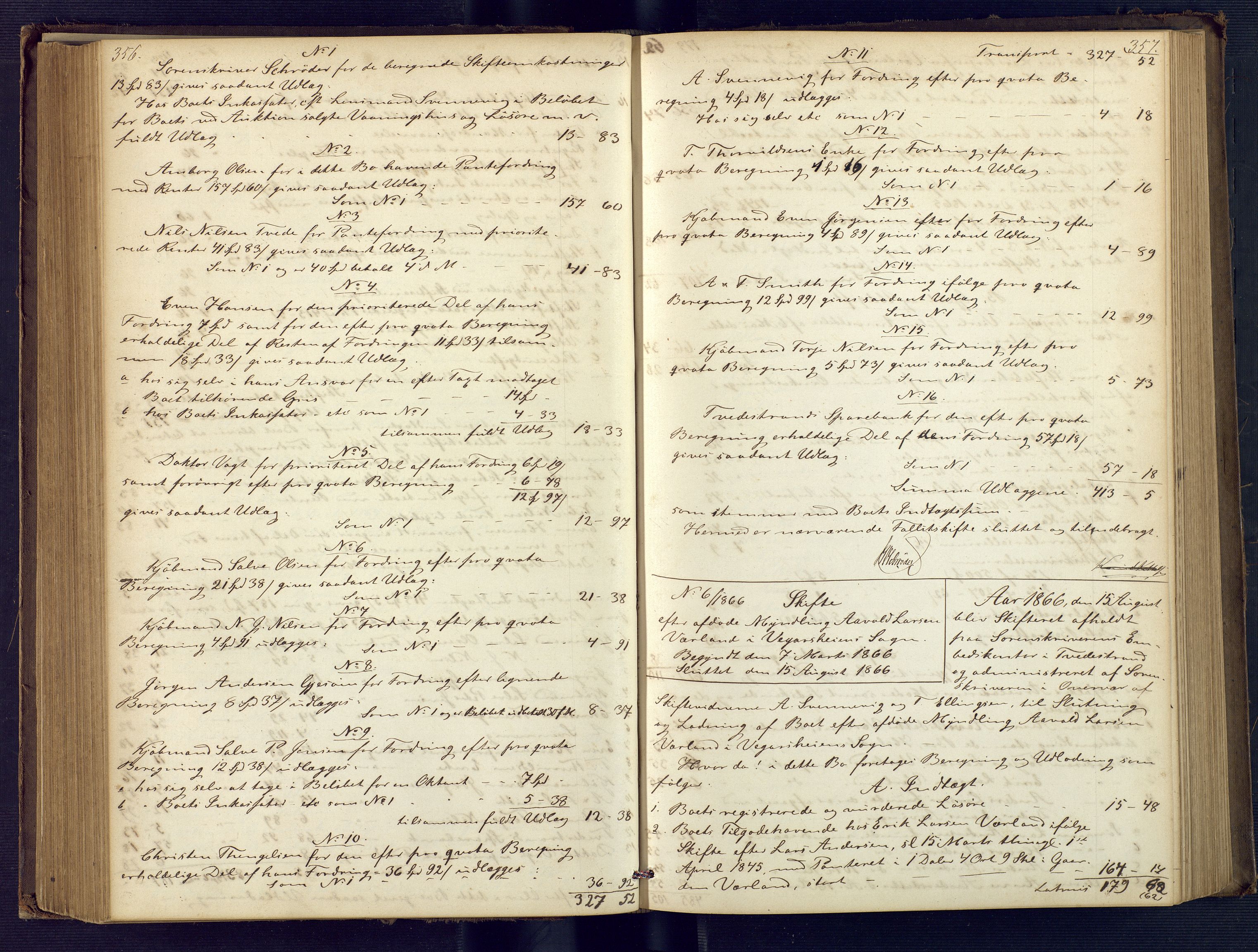 Holt sorenskriveri, AV/SAK-1221-0002/H/Hc/L0030: Skifteutlodningsprotokoll nr. 5, 1863-1869, s. 356-357