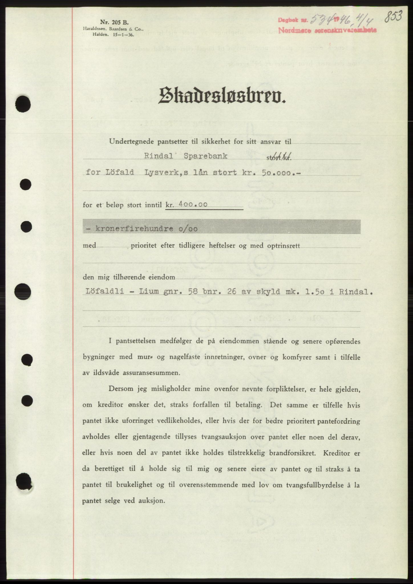 Nordmøre sorenskriveri, SAT/A-4132/1/2/2Ca: Pantebok nr. B93b, 1946-1946, Dagboknr: 534/1946