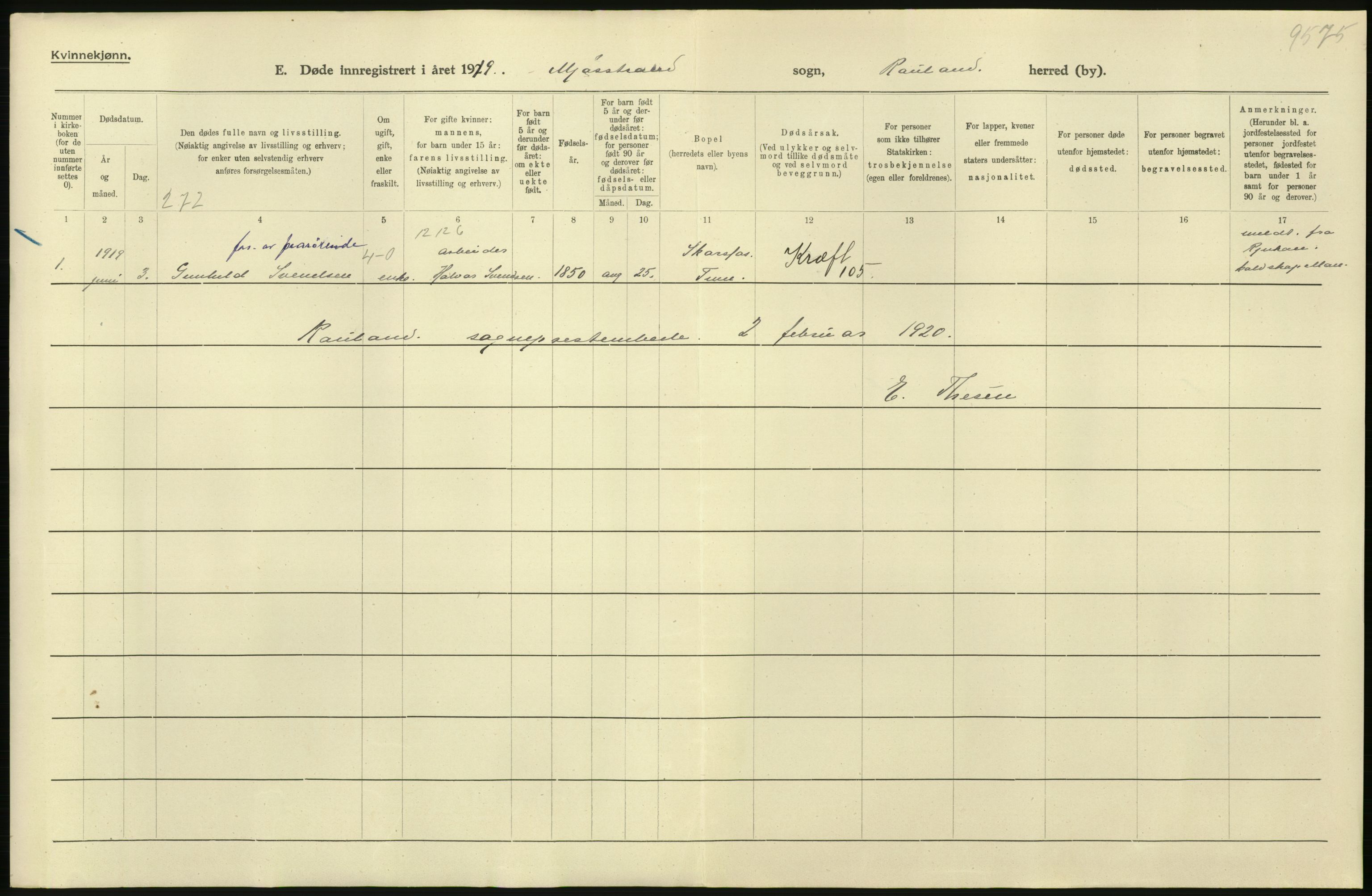 Statistisk sentralbyrå, Sosiodemografiske emner, Befolkning, AV/RA-S-2228/D/Df/Dfb/Dfbi/L0023: Telemark fylke: Døde. Bygder og byer., 1919, s. 352