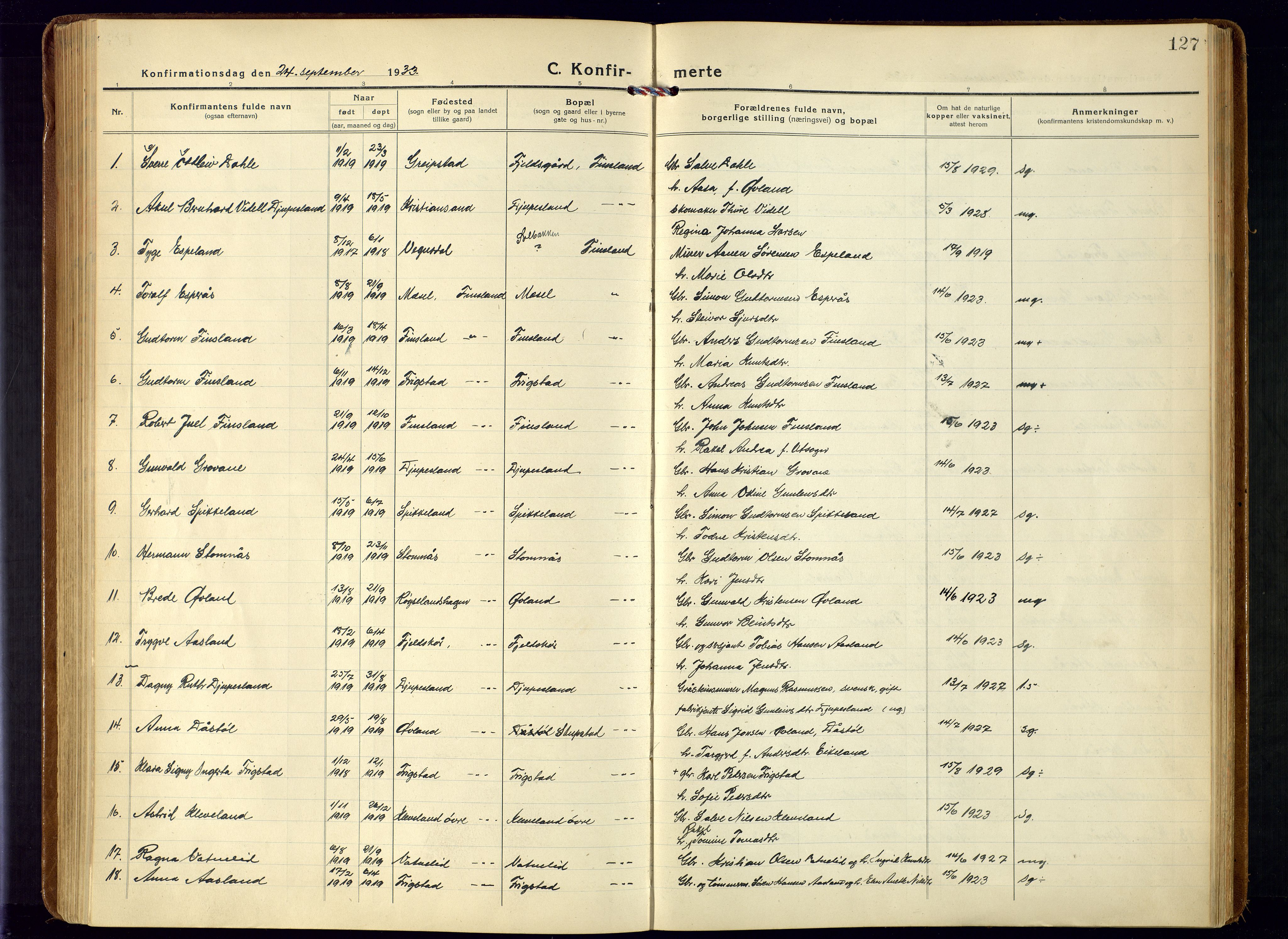 Bjelland sokneprestkontor, SAK/1111-0005/F/Fa/Fab/L0005: Ministerialbok nr. A 5, 1921-1951, s. 127