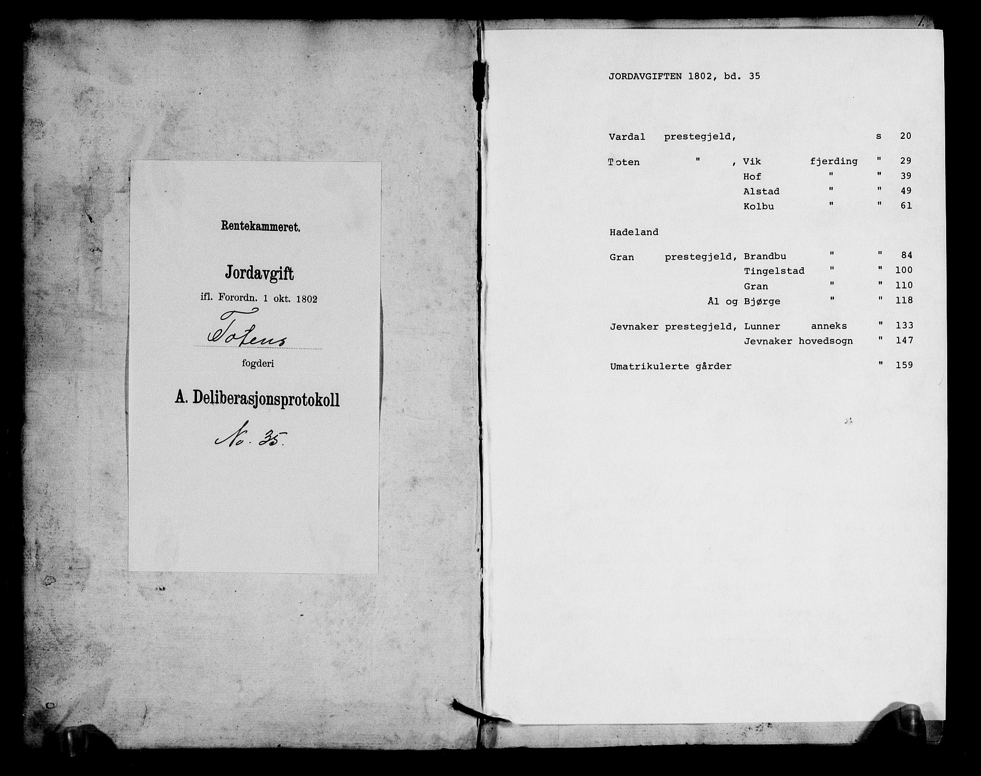 Rentekammeret inntil 1814, Realistisk ordnet avdeling, RA/EA-4070/N/Ne/Nea/L0035: Toten fogderi. Deliberasjonsprotokoll, 1803, s. 1